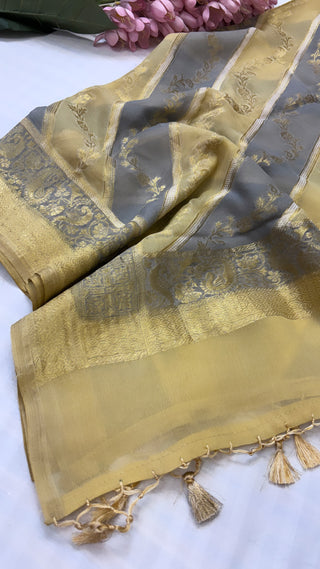 Banarasi gorgette olive green - grey rangkaat kadhwa duppata