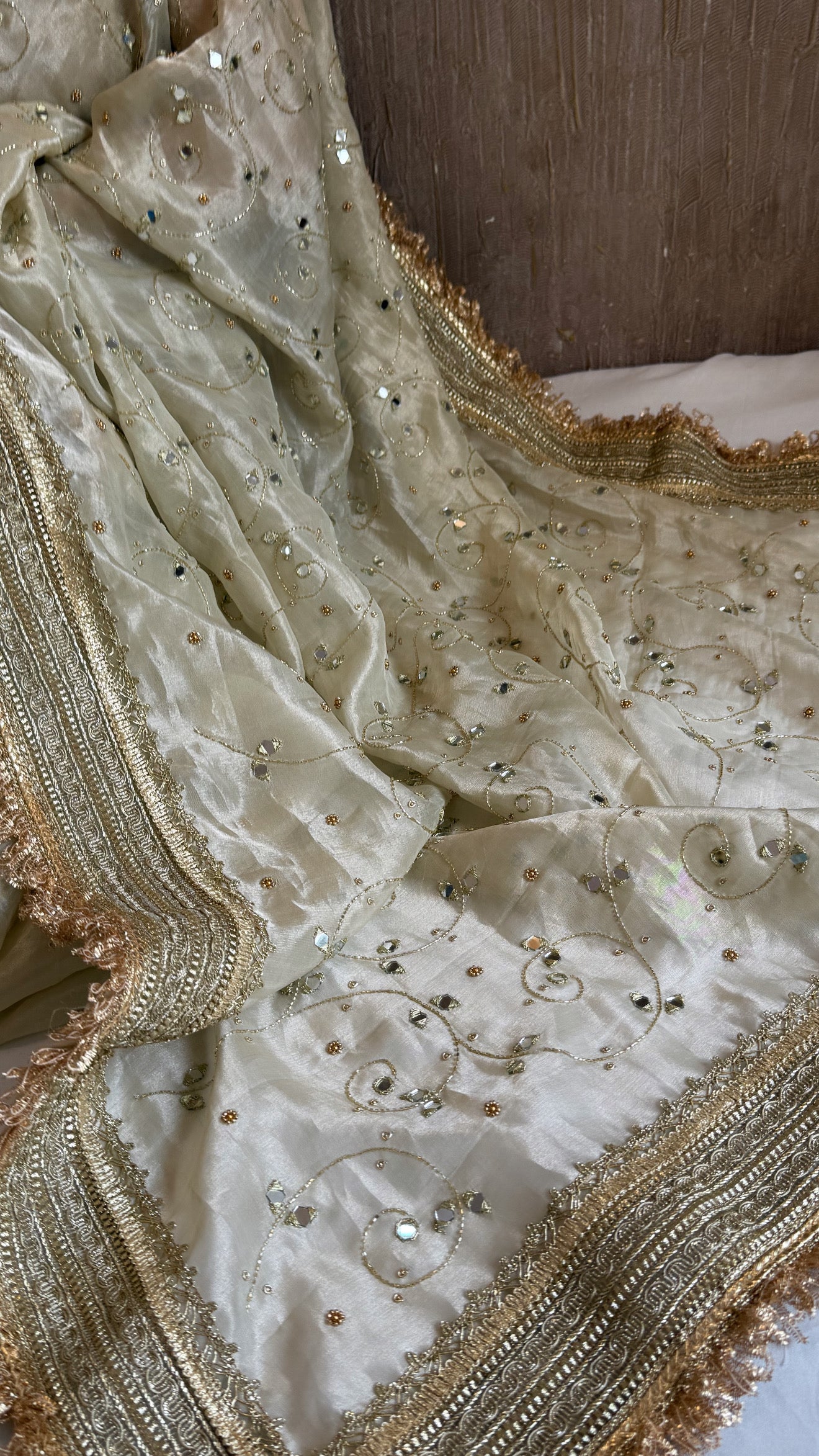 Sheesham edit - Ivory diamond tissue silk mirror work heavy hand embroidered saree