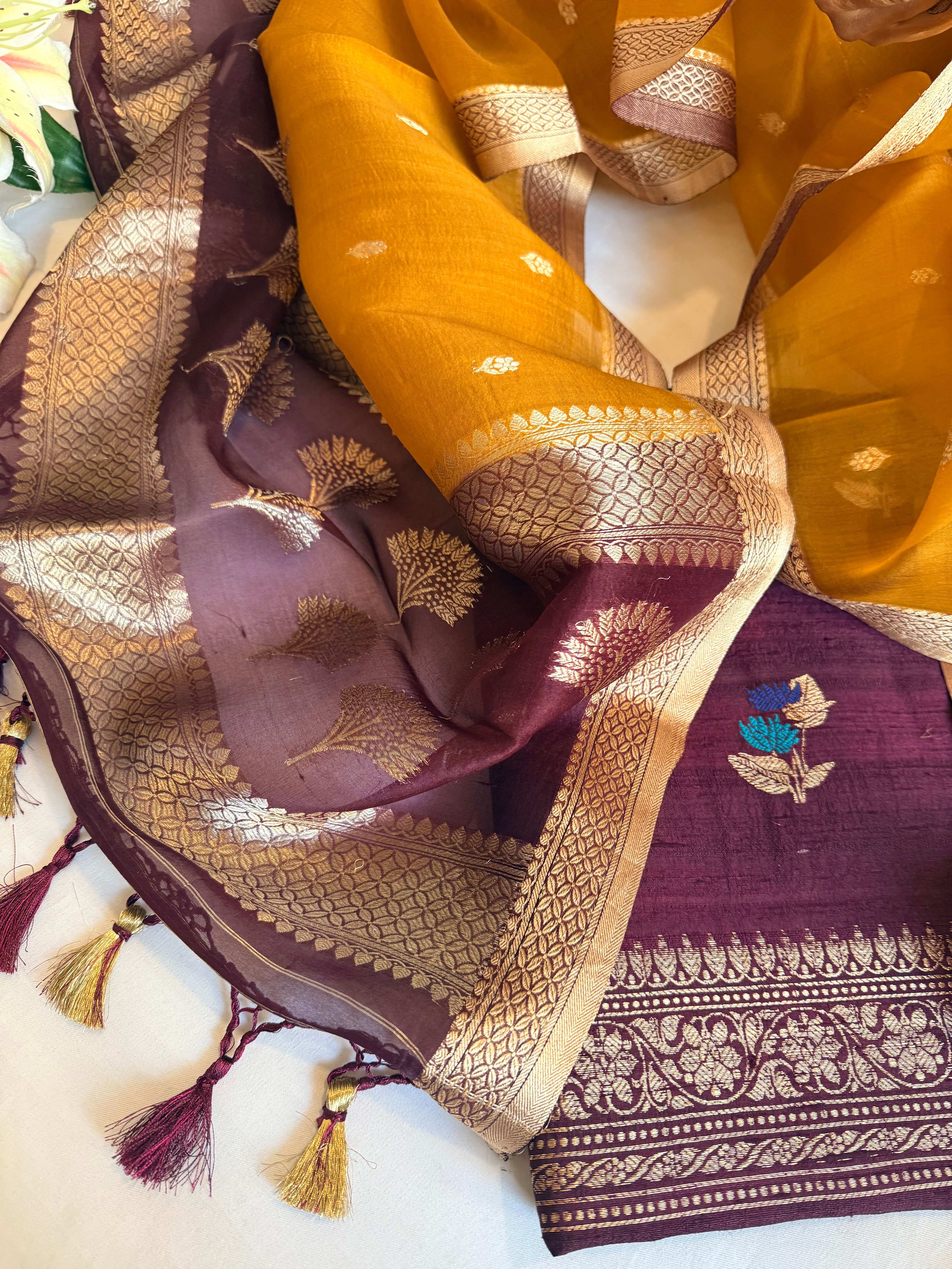 Deep plum-mustard yellow raw silk kadhwa kurta paired with kora silk chap dye duppata