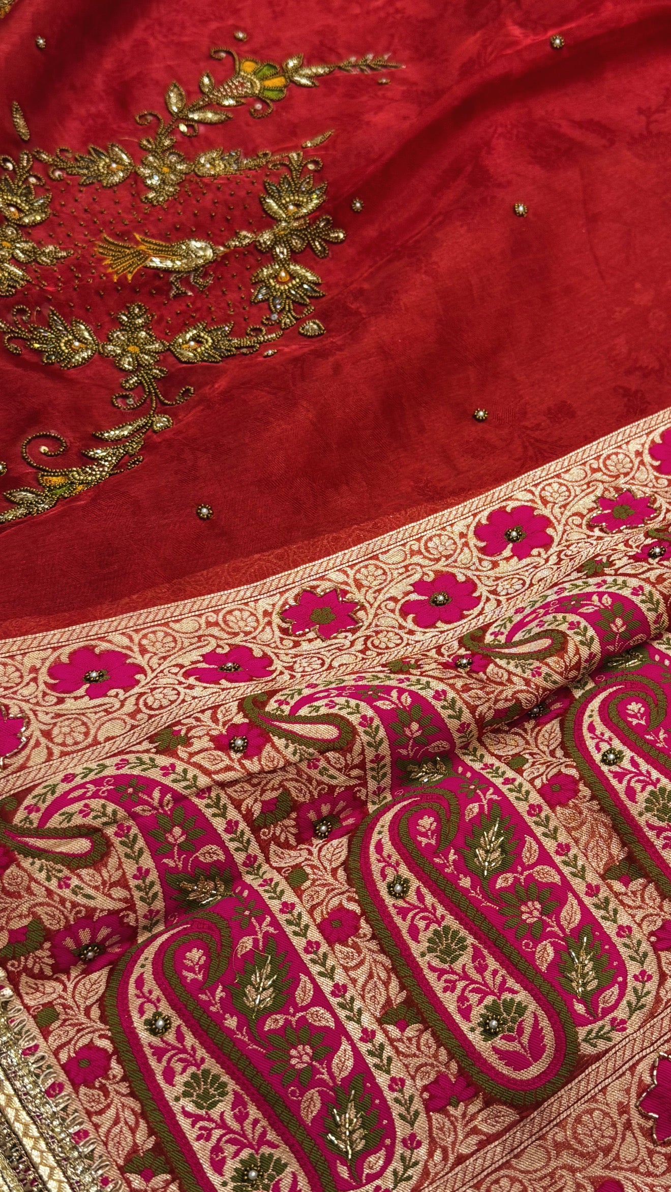 Karwachauth special - Tomato red tissue silk bird motif hand embroidered saree