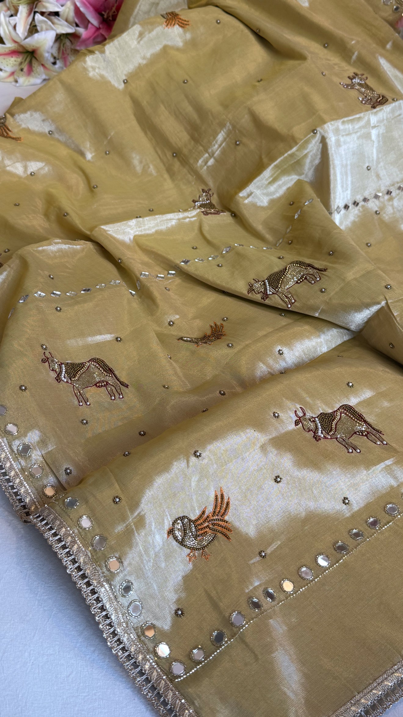 Satin tissue silk ivory gold hand embroidered kadhwa banarasi saree