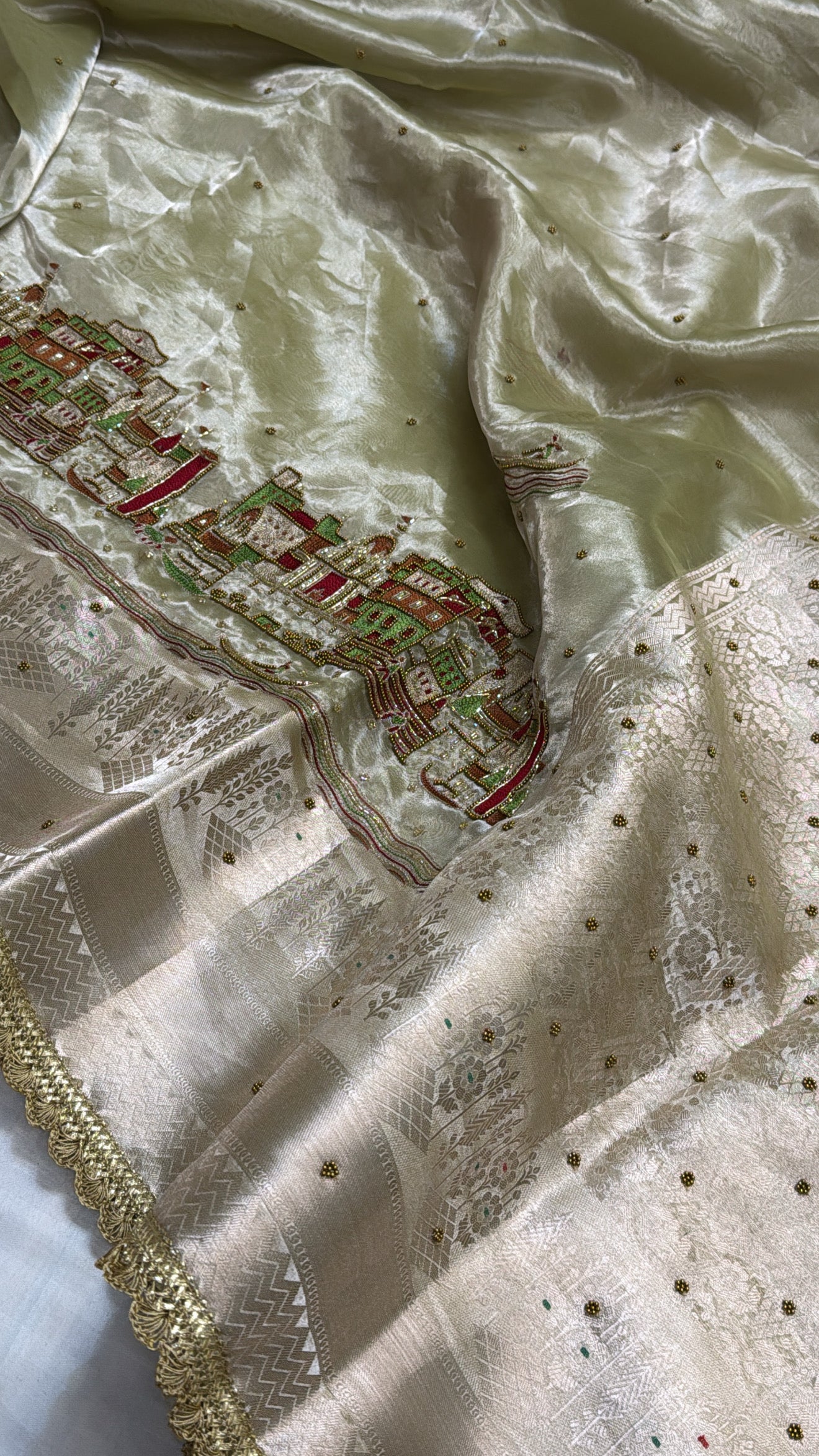 Gangaghat edit saree - Mint green tissue silk hand embroidered ghat inspired kadhwa saree