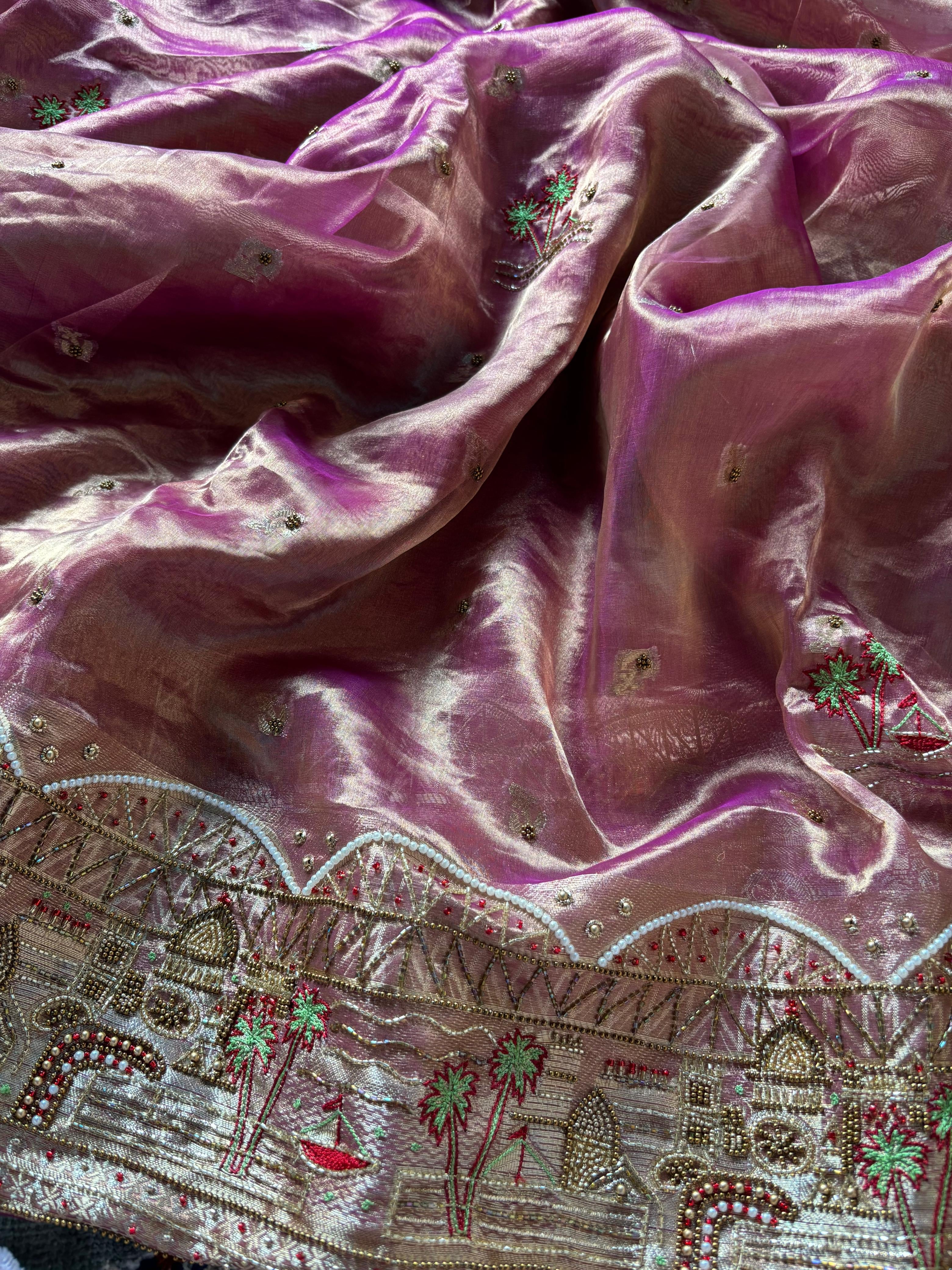 Gangakinare edit lotus purple tissue silk hand embroidered kadhwa saree