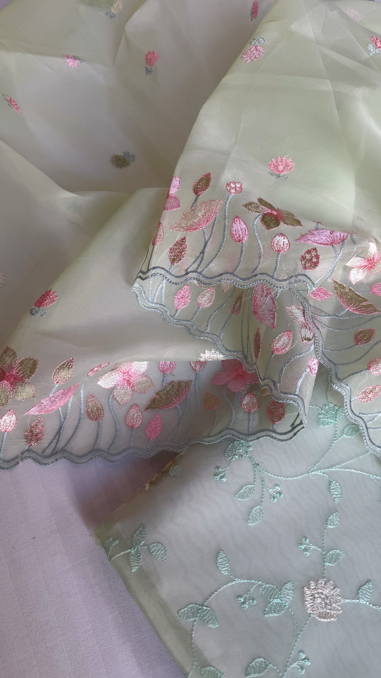 Mint green banarasi kora silk Parsi gara hand embroidered kadhwa suit set