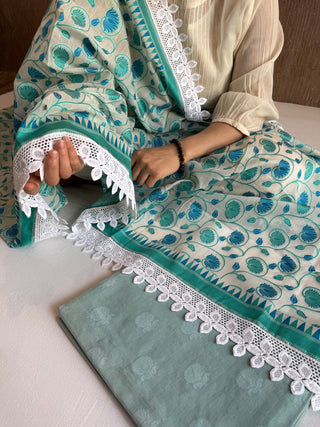 Sage green mul cotton banarasi resham meenakari kadhwa suit set