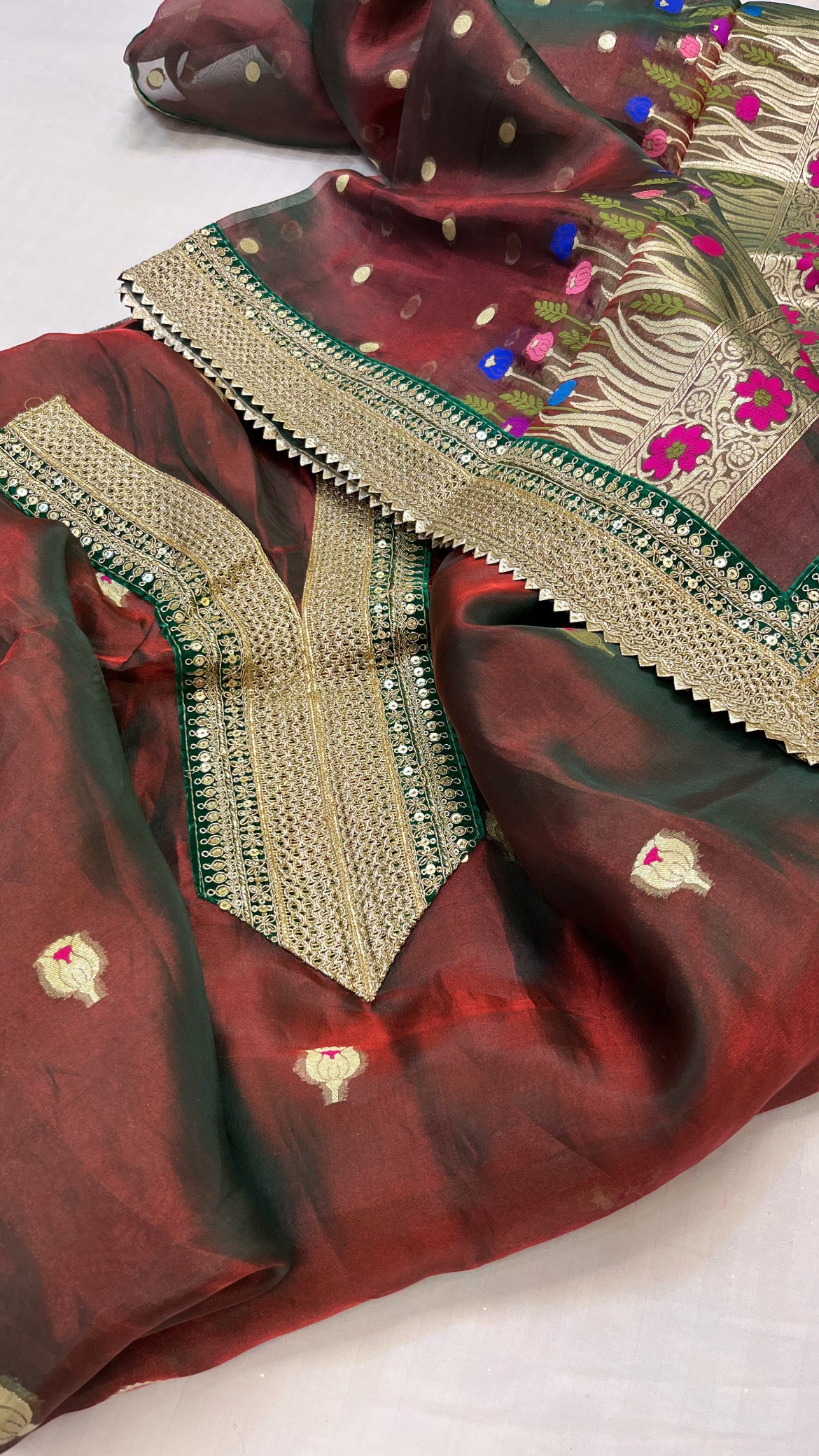 Heermandi maroonish-green tissue silk meenakari suit set