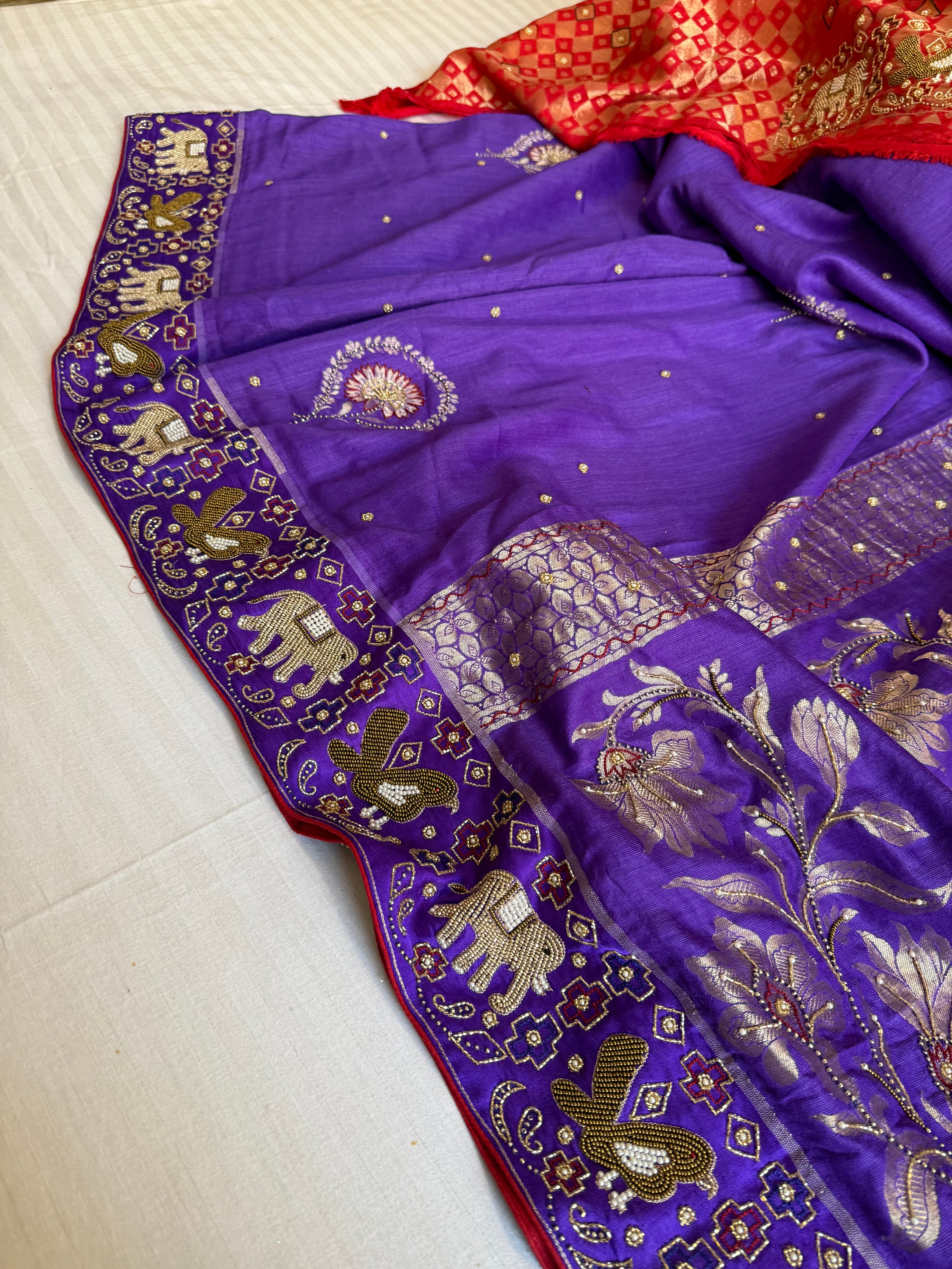 Moonga silk ikkat patola weaving inspired hand embroidered kadhwa saree