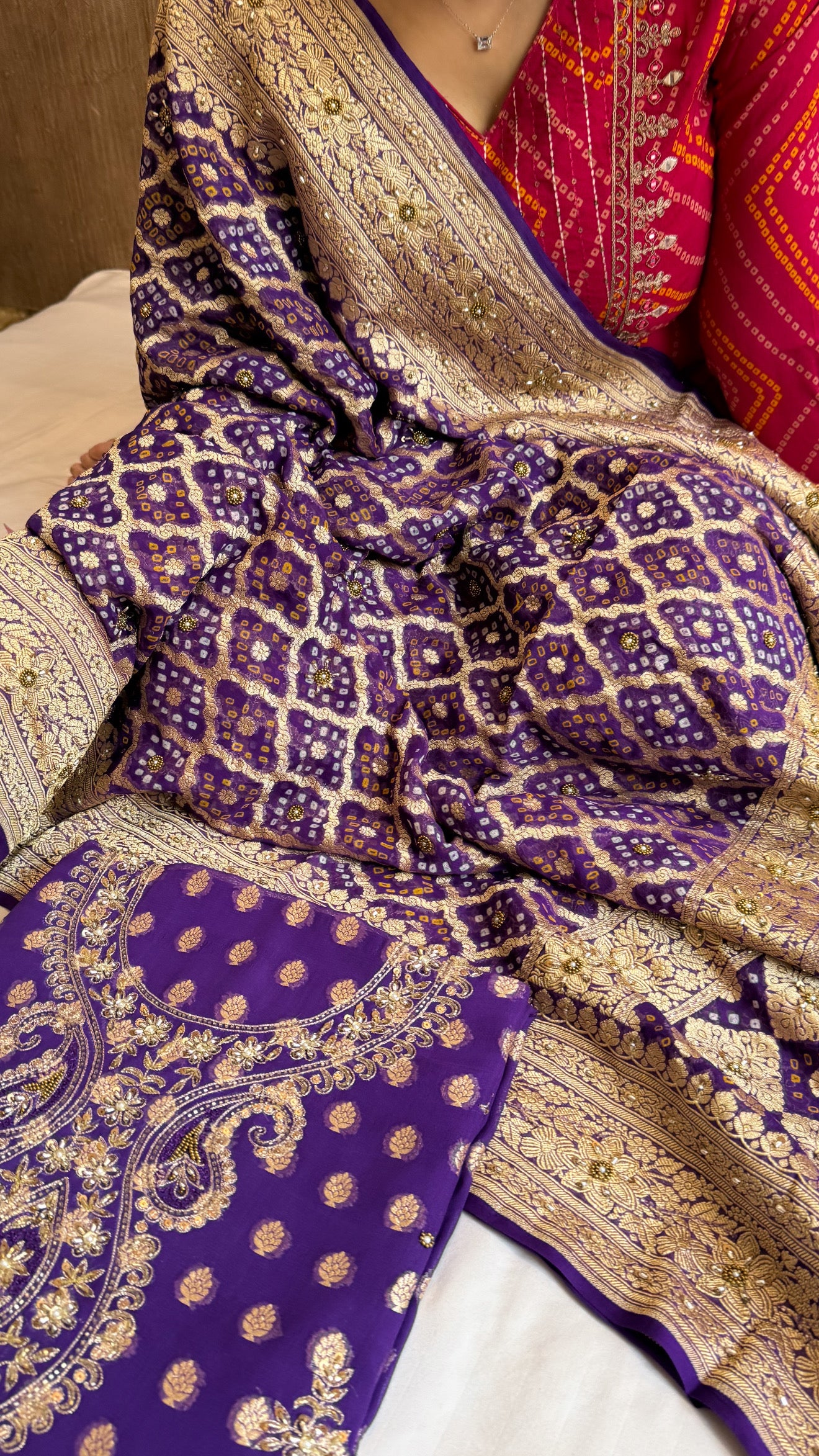 Deep purple rai bandhej Banarasi gorgette kadhwa hand embroidered suit set