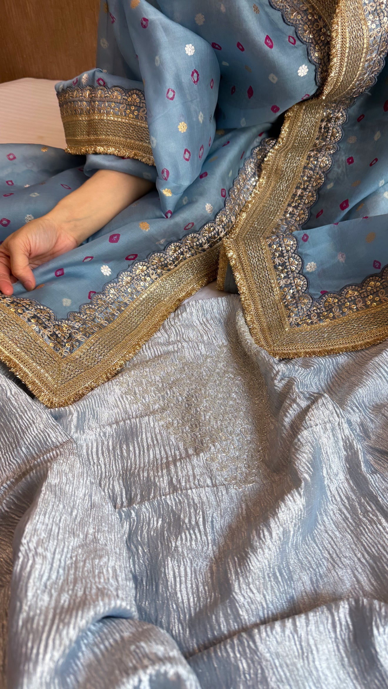 Ice grey diamond tissue crushed silk hand embroidered suit set