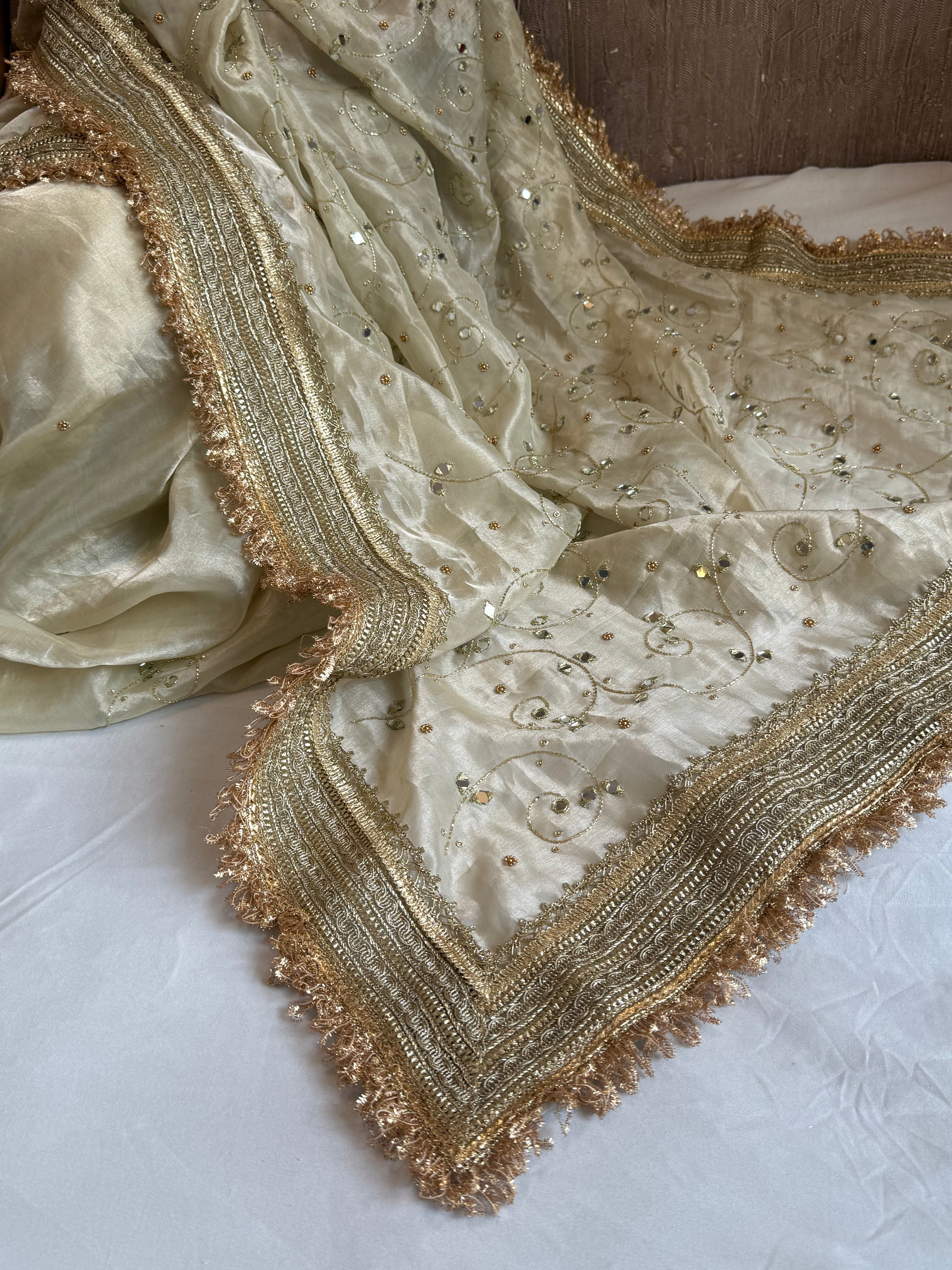 Sheesham edit - Ivory diamond tissue silk mirror work heavy hand embroidered saree