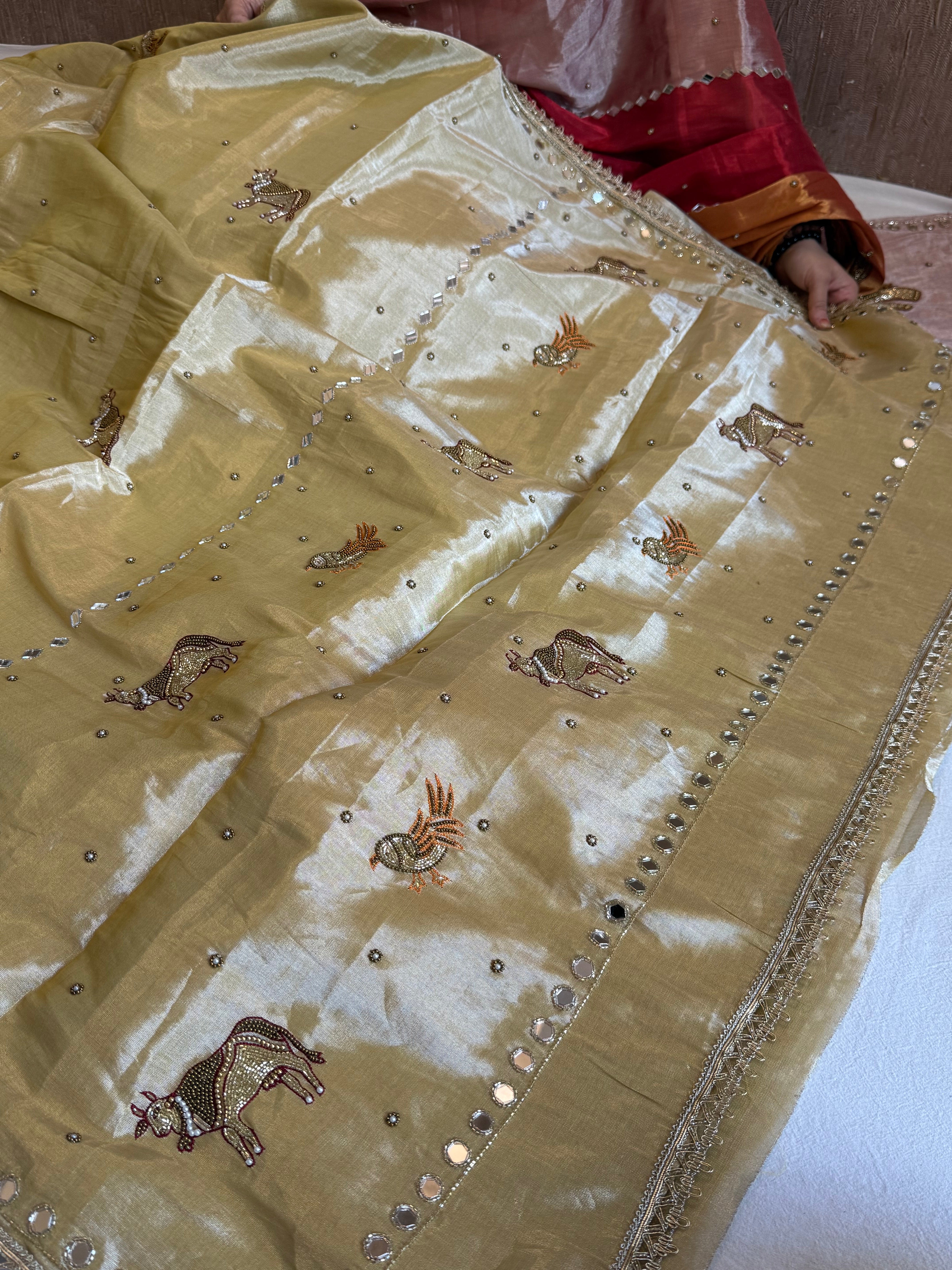 Satin tissue silk ivory gold hand embroidered kadhwa saree