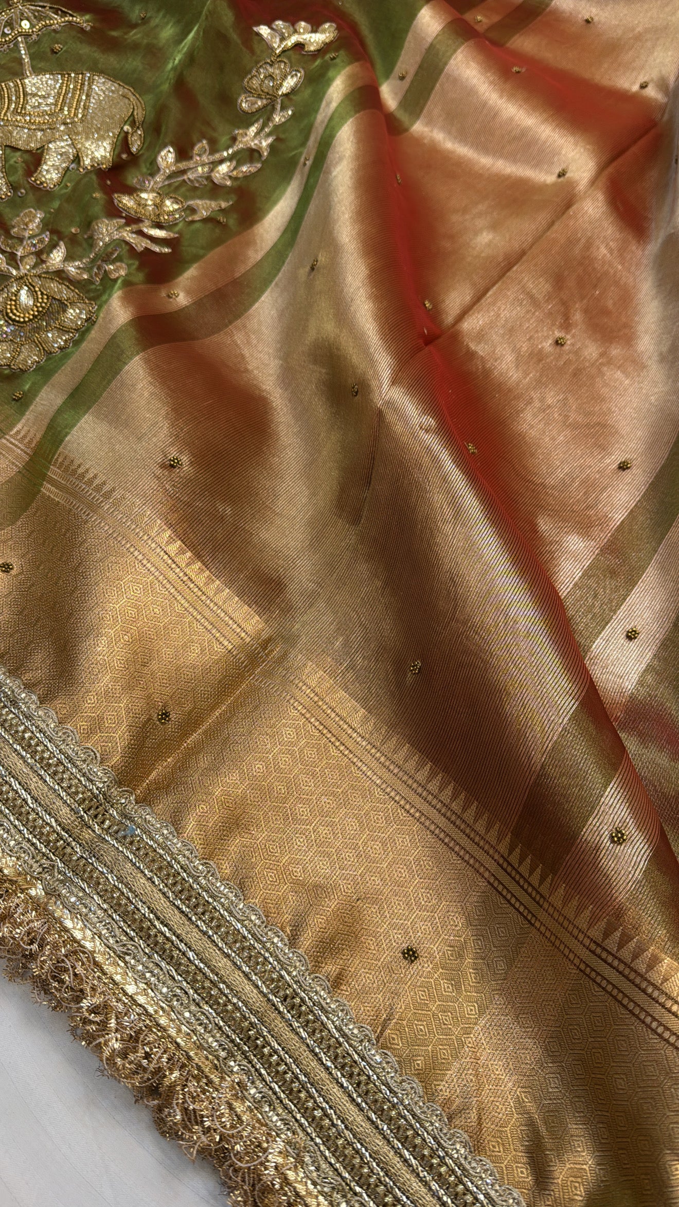 Wedding edit - Husn mehendi green elephant motif tissue silk hand embroidered saree