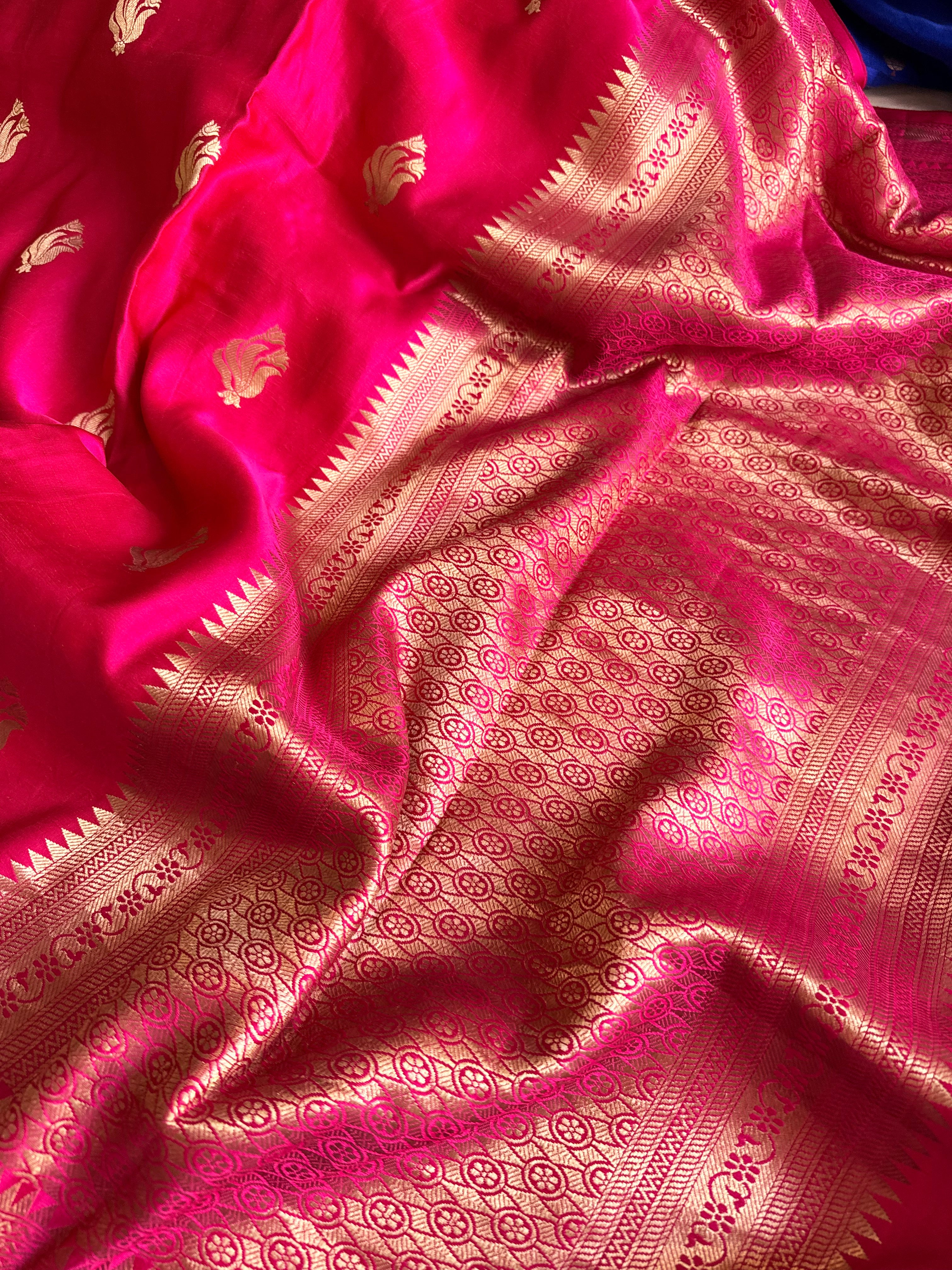 Hot pink banarasi mashru silk kadhwa buti saree