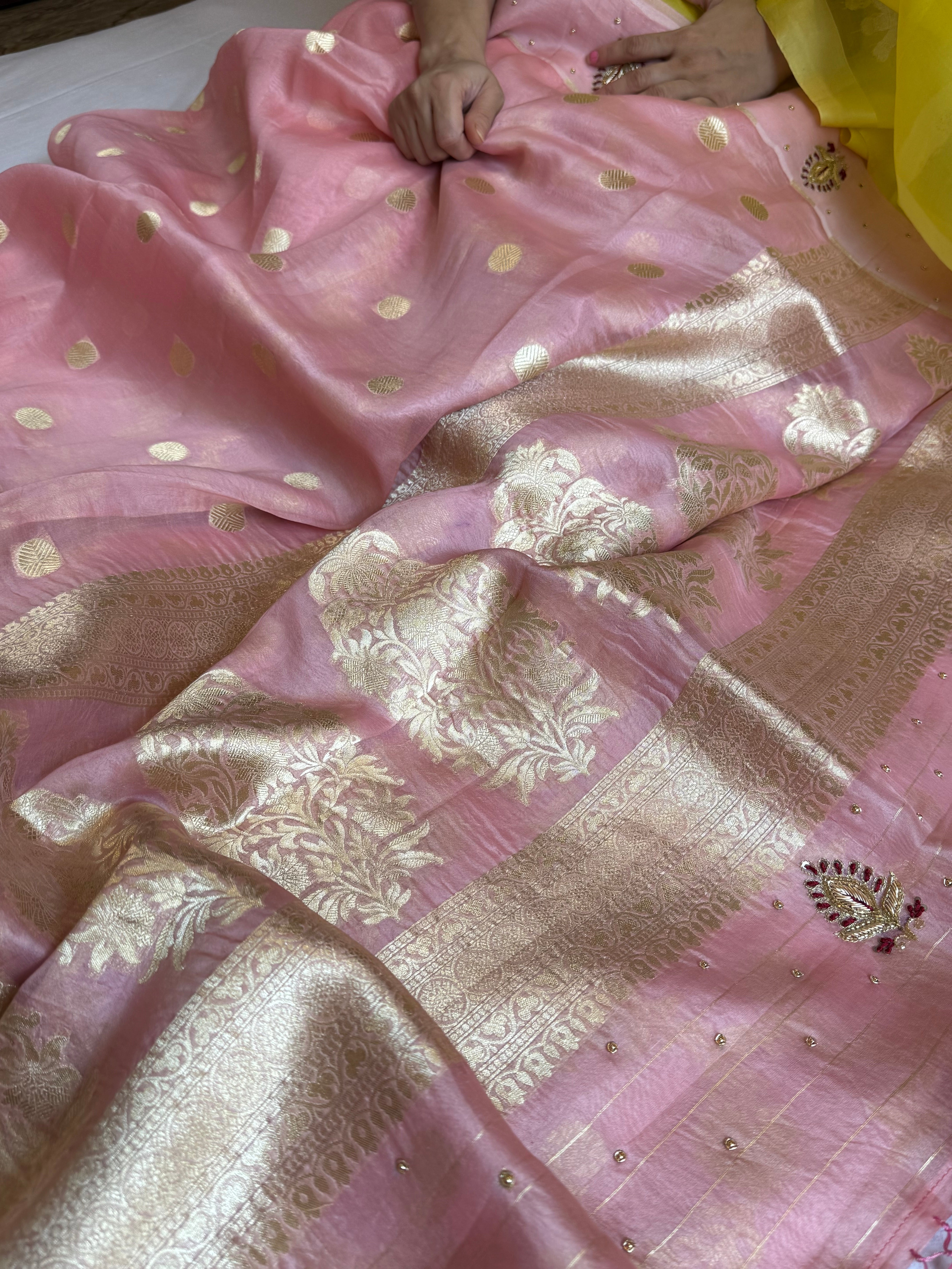 Blush pink banarasi kora silk hand embroidered kadhwa saree