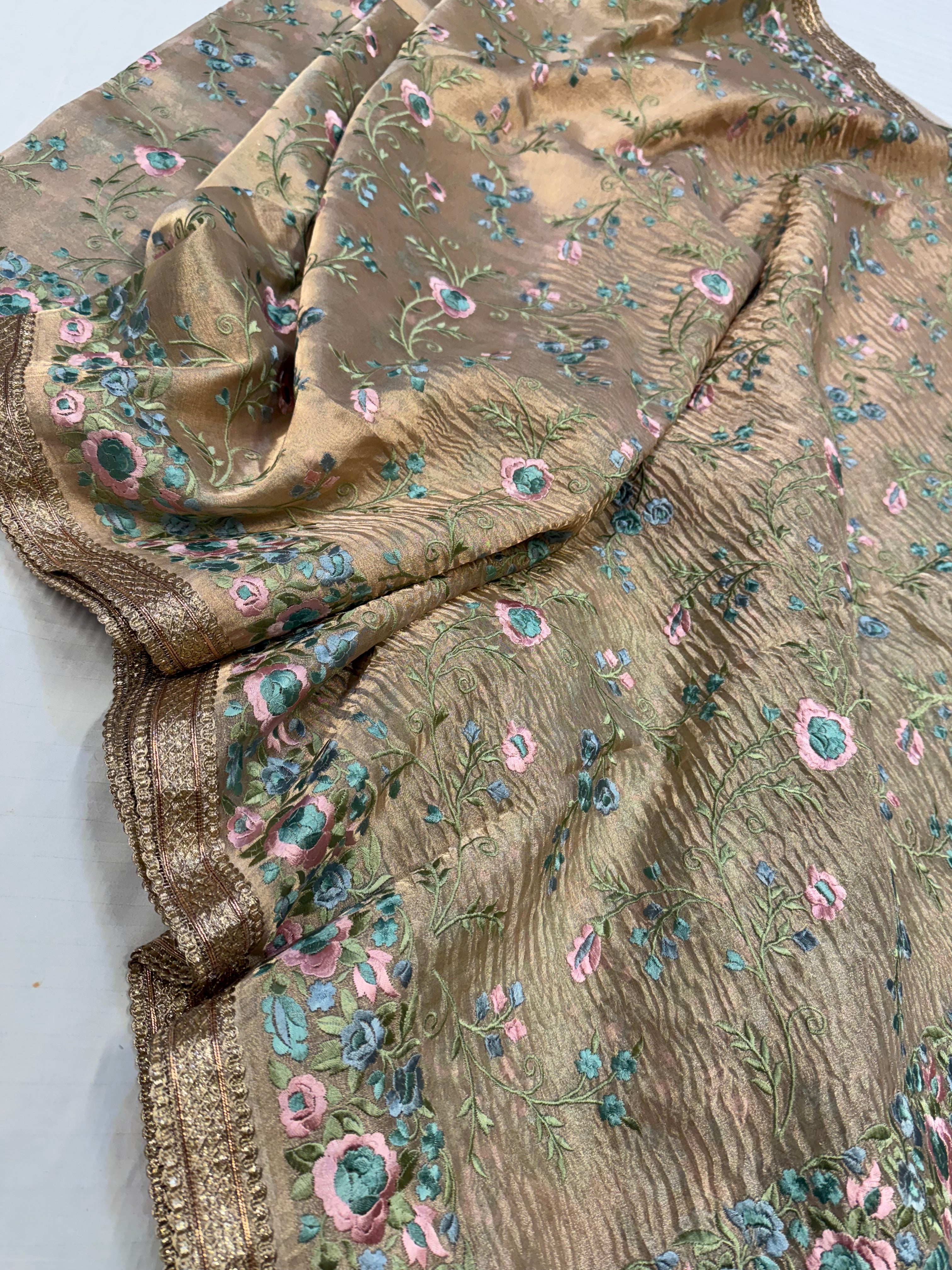 “Parsi gara” inspired tissue silk heavy resham work hand embroidered kadhwa saree