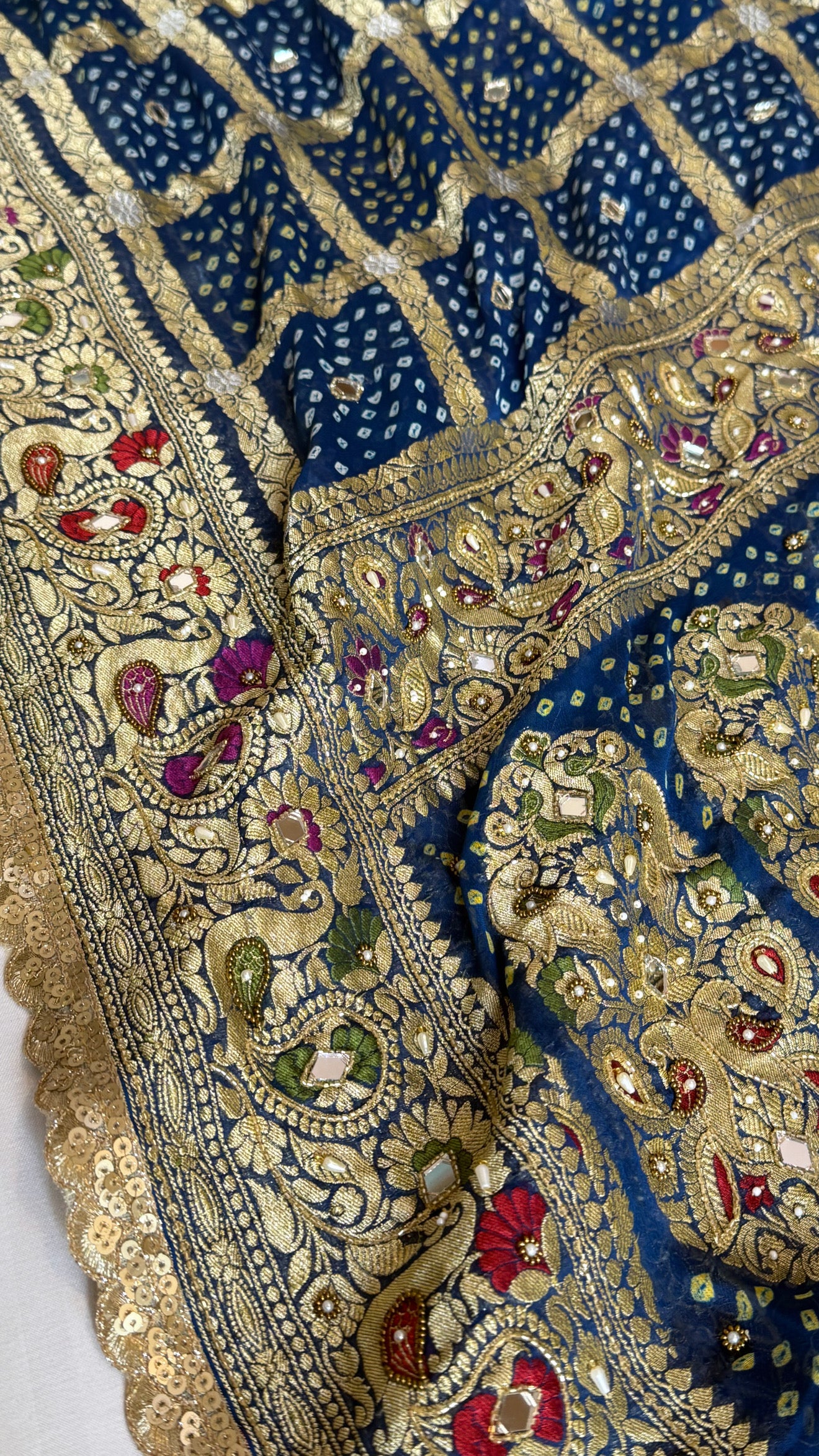 Navy blue banarasi rai chiffon gorgette kadhwa hand embroidered saree