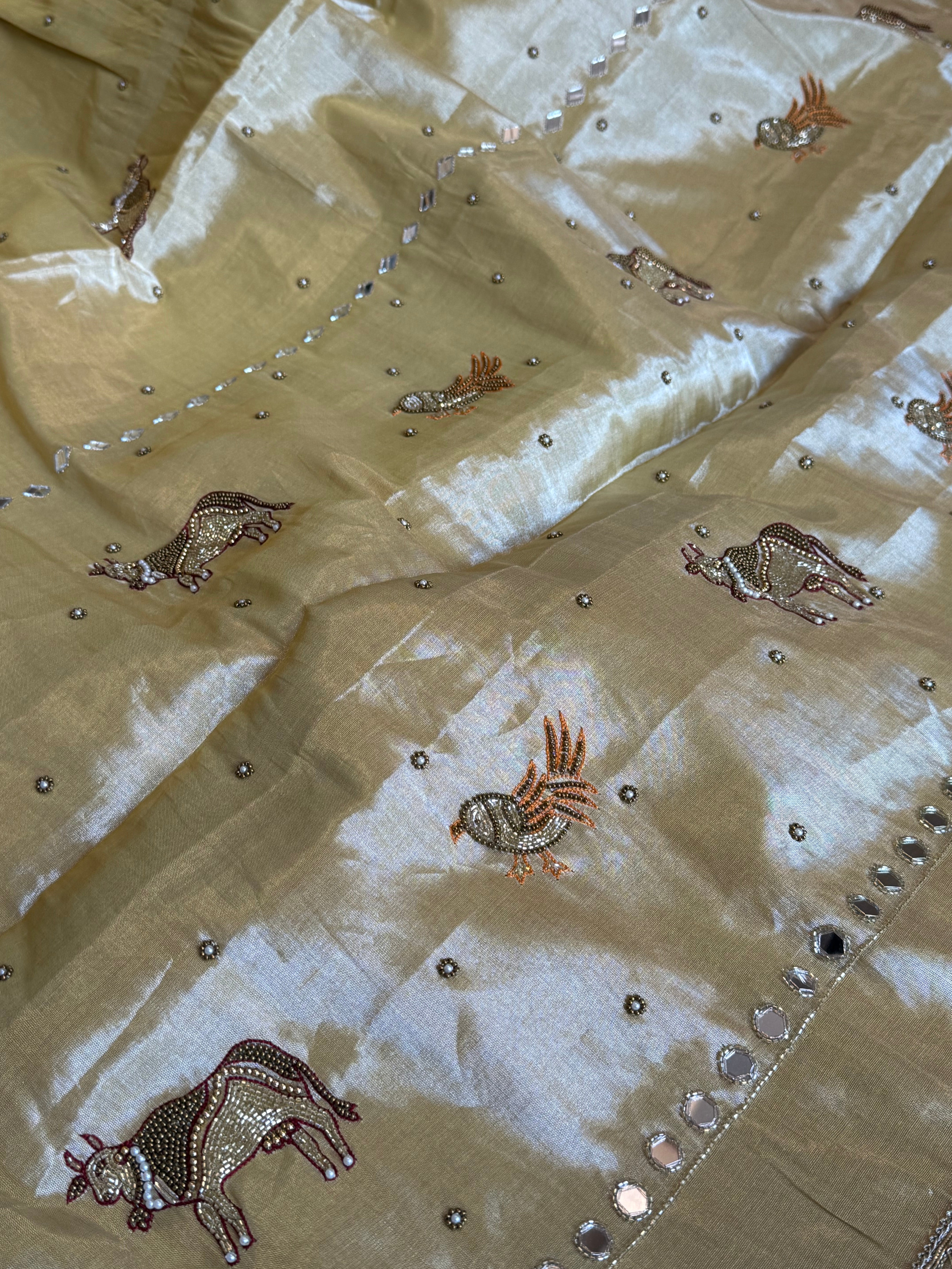 Satin tissue silk ivory gold hand embroidered kadhwa saree
