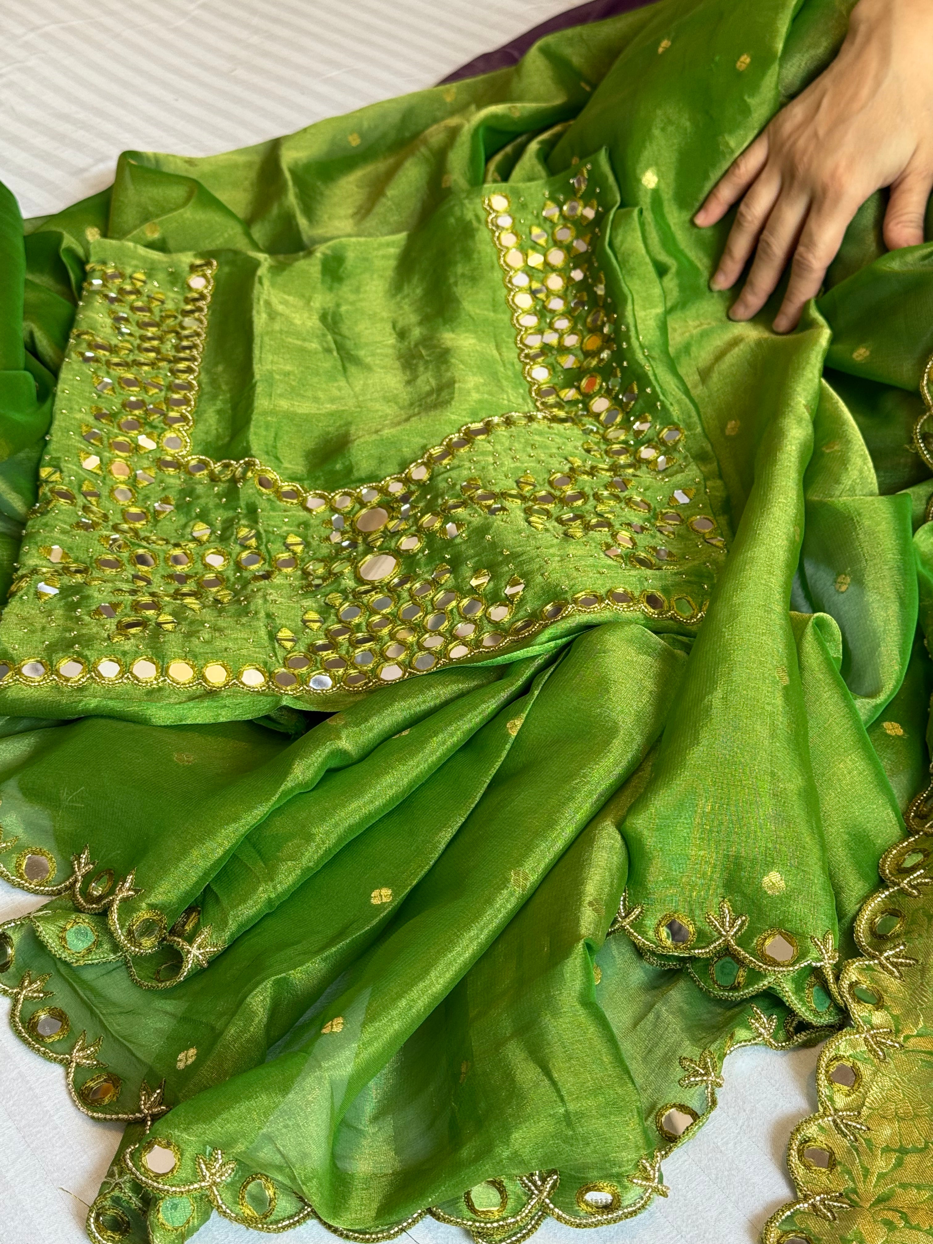 Parrot green tissue gorgette kadhwa mirror hand embroidered saree