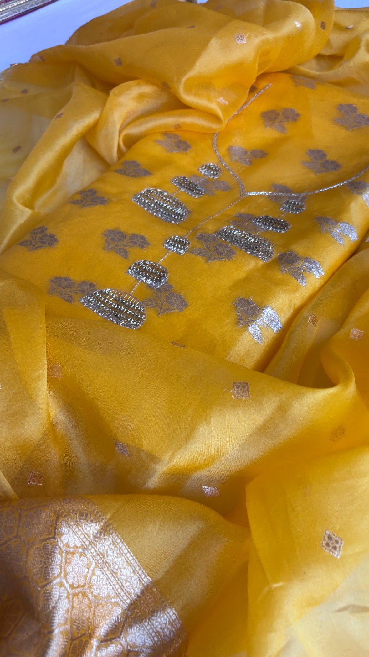 Banarasi “haldi ka din” kora silk hand embroidered kadhwa suit sets