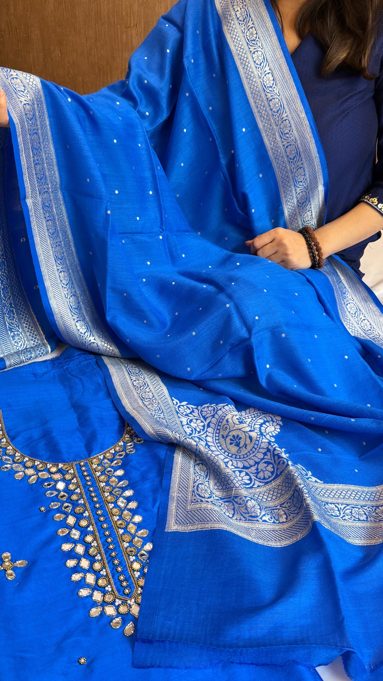 Sheesham ink blue mirror work hand embroidered katan silk suit set