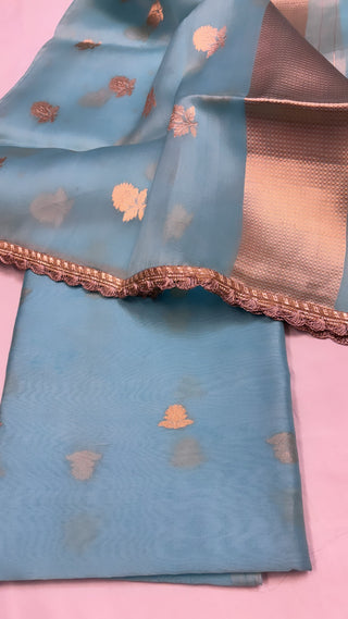 Pure banarasi firozi blue kora silk kadhwa buti stunning suit set with gotapatti work on duppata