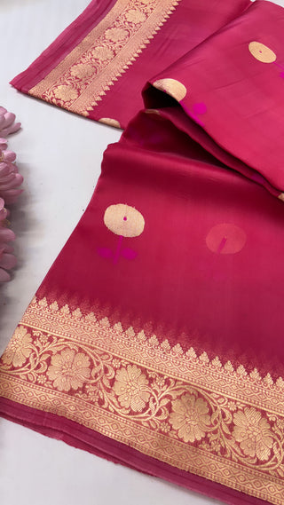 Pure banarasi garnet shade kadhwa meenekari kora silk kadhwa saree with meenakari buti