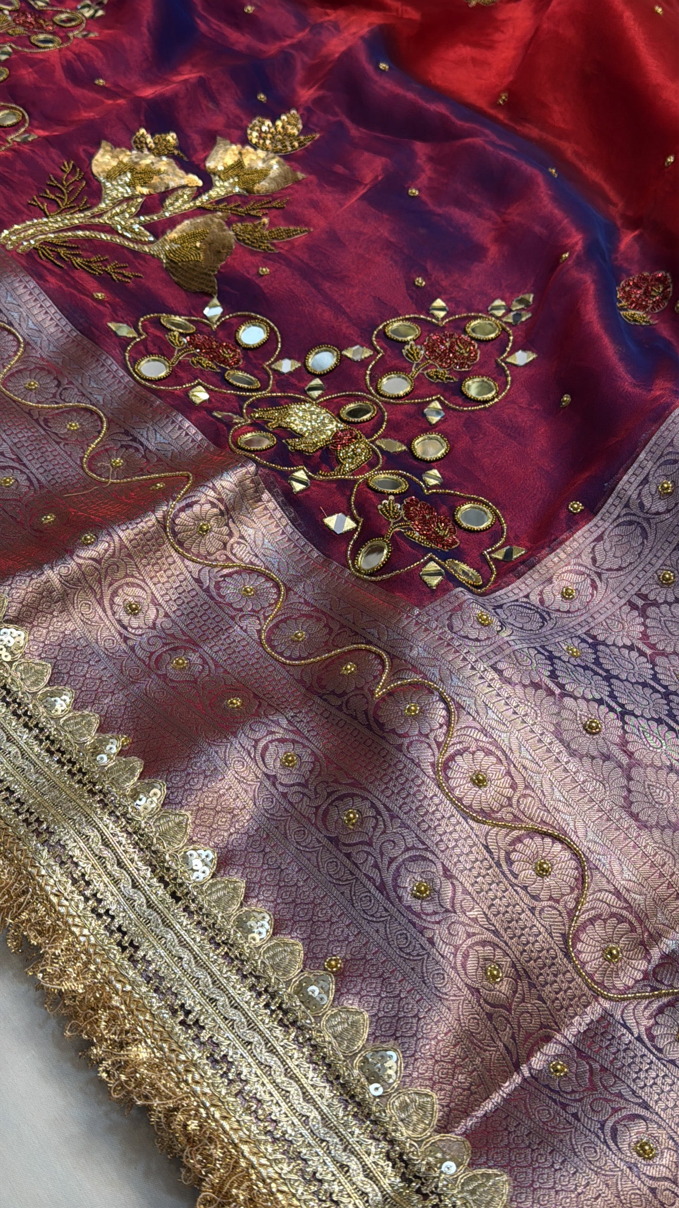 Dulhan ka joda husn dhup chao red tissue silk mirror work hand embroidered saree