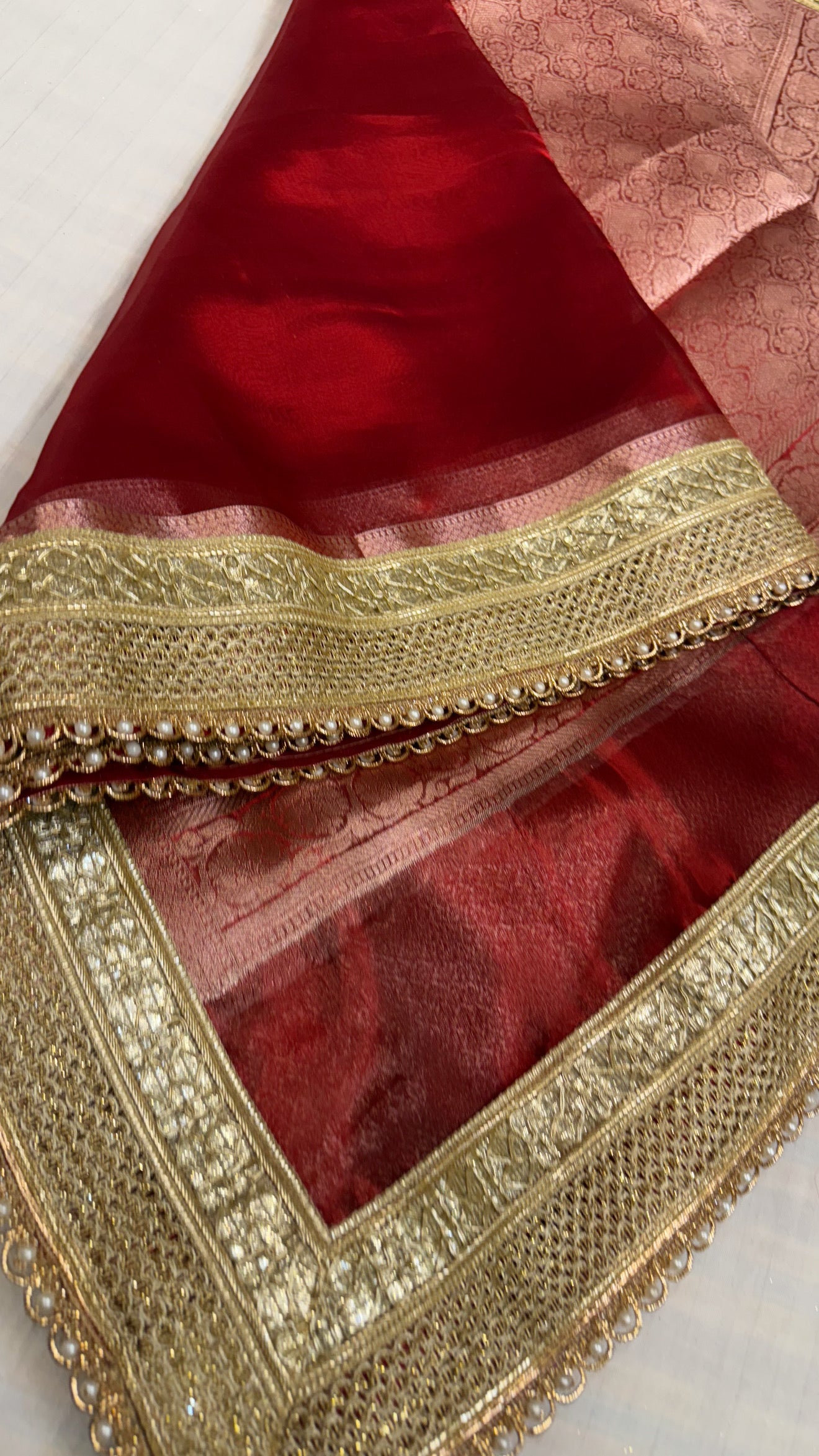 Maharani metallic ruby red tissue silk kadhwa saree