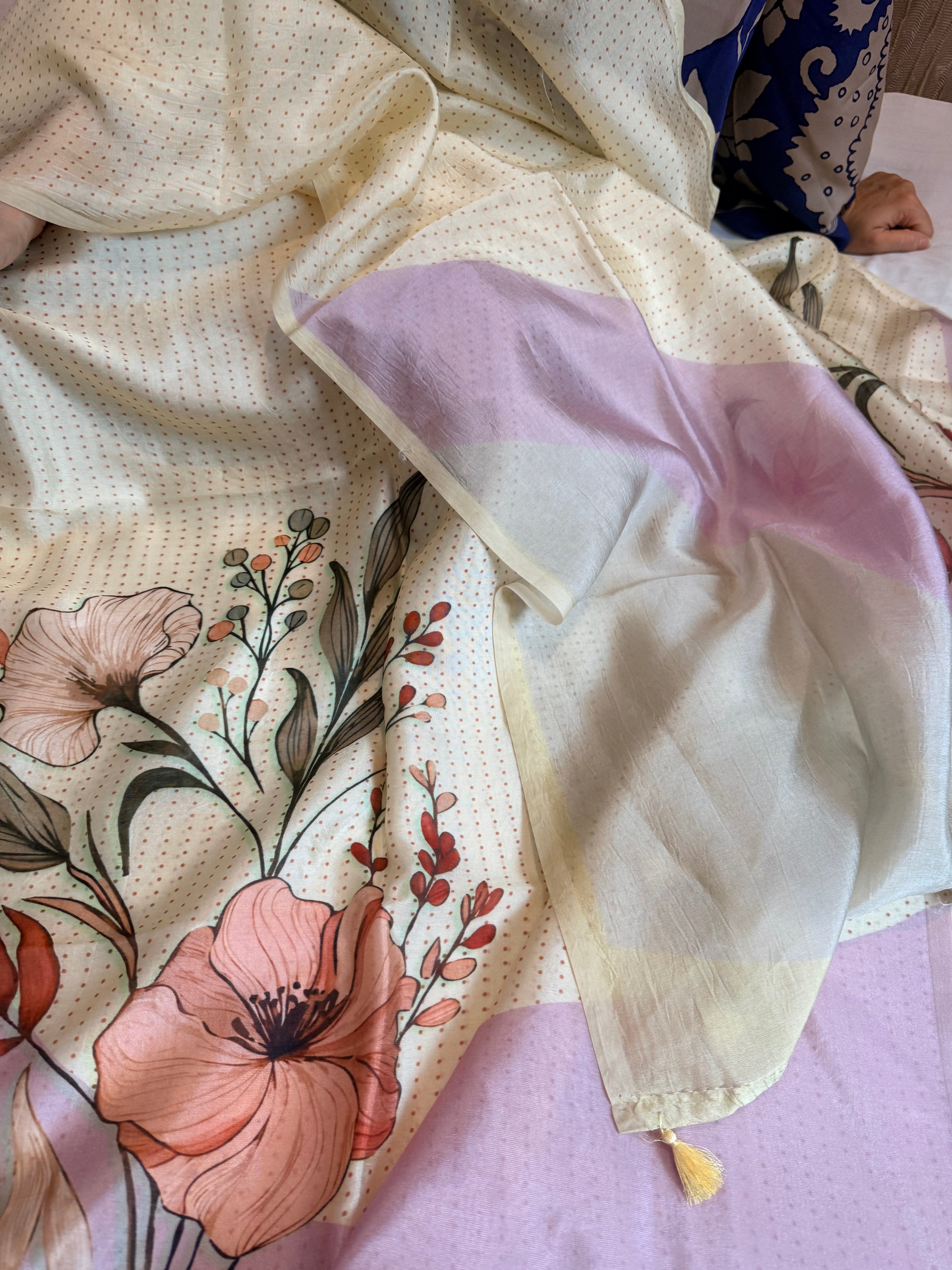 Printed spun chiniya silk kadhwa weaving suit set