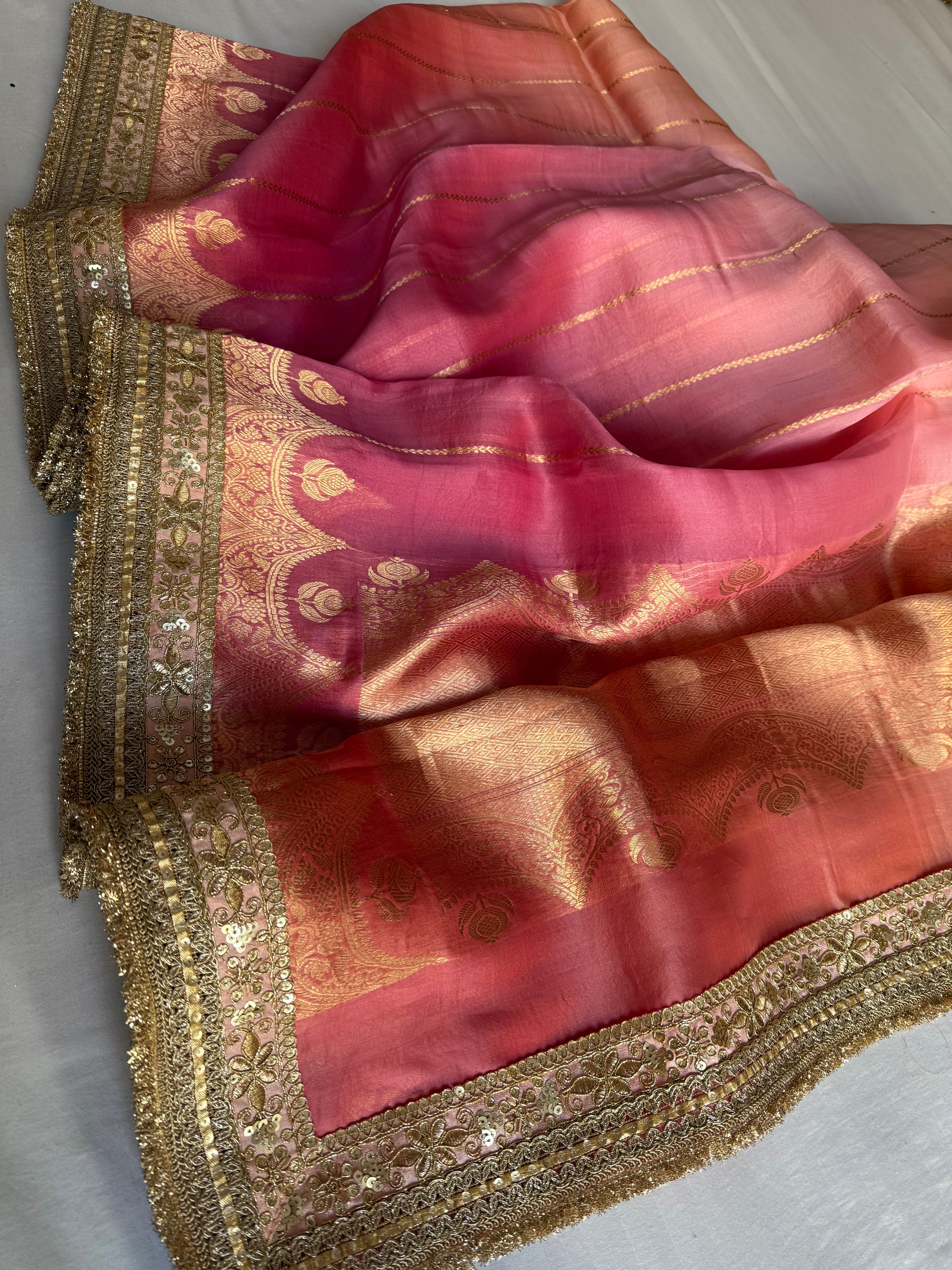 Rang-birangi banarasi kora silk multicoloured shaded kadhwa saree