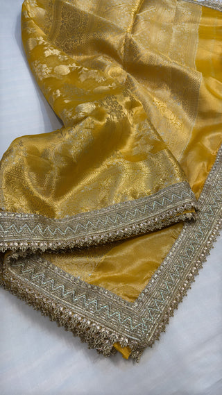 Maharani haldi yellow tissue silk jungla kadhwa saree