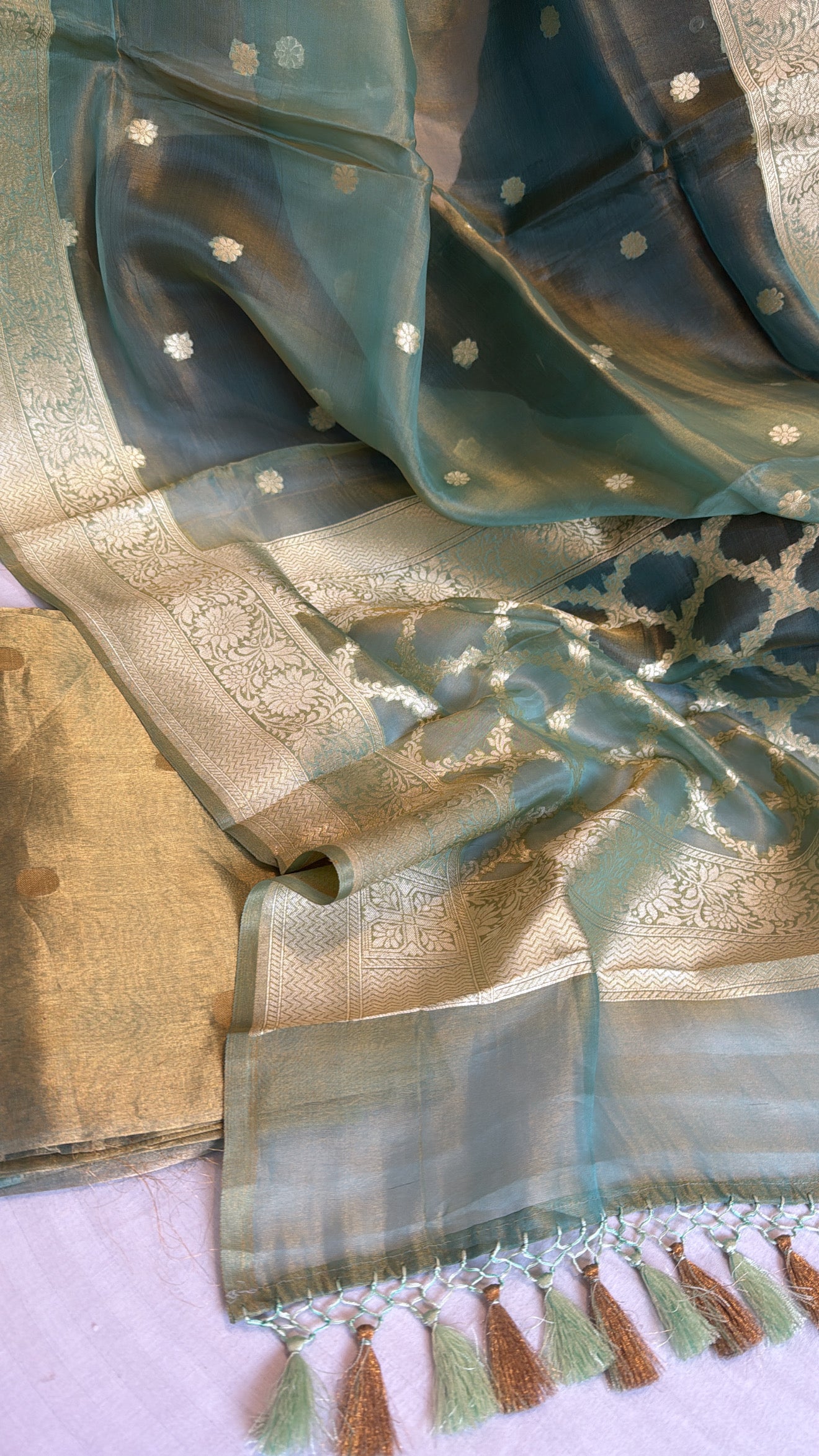 Kanjivaram Sage green tissue silk handloom kadhwa suit set