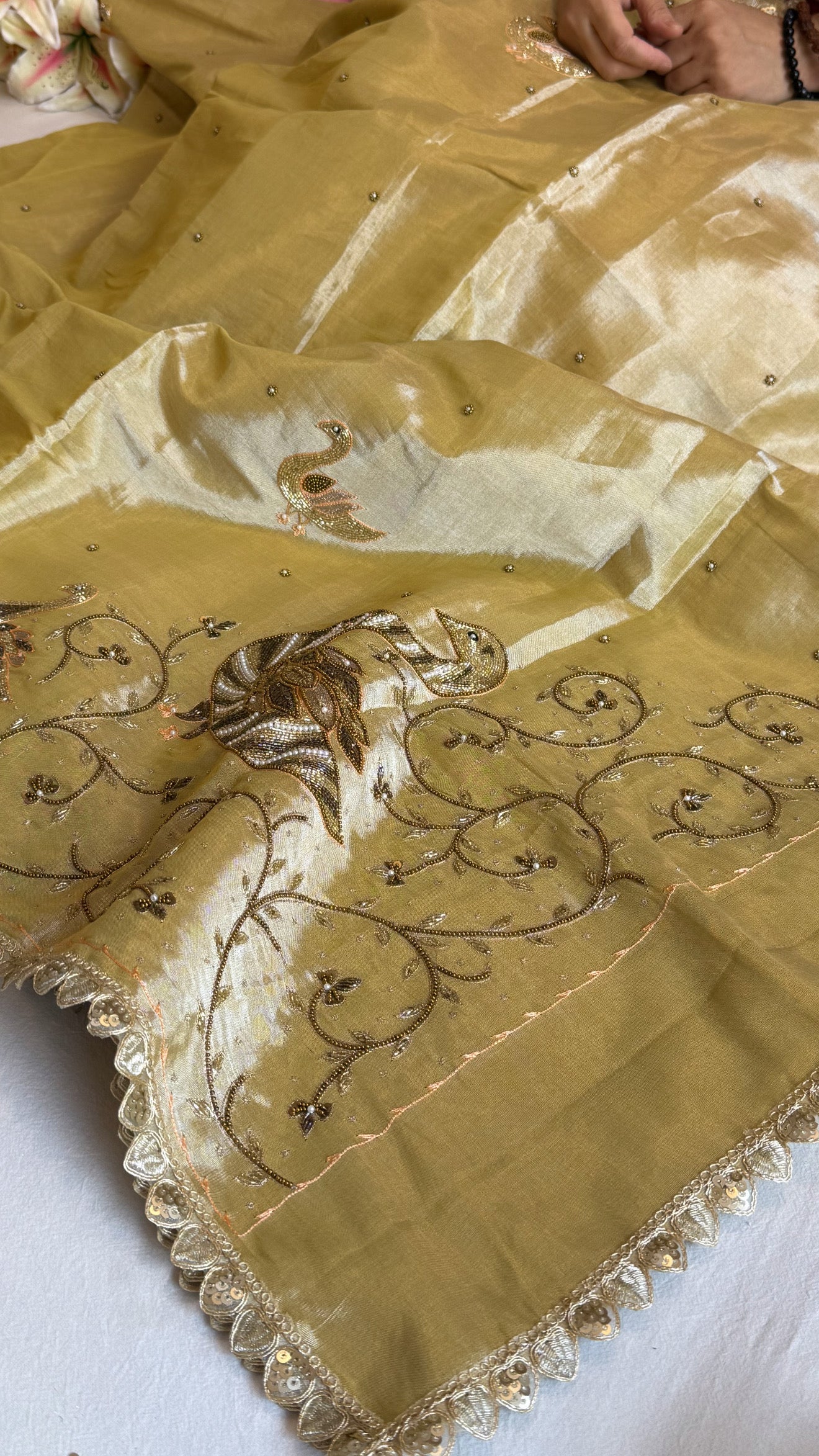 Satin tissue silk butter golden banarasi hand embroidered kadhwa saree