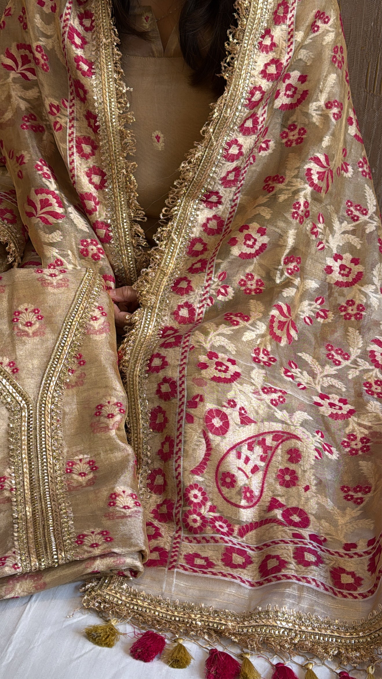 Vivah edit - Golden tissue silk jamdani meenakari weaving hand embroidered suit set