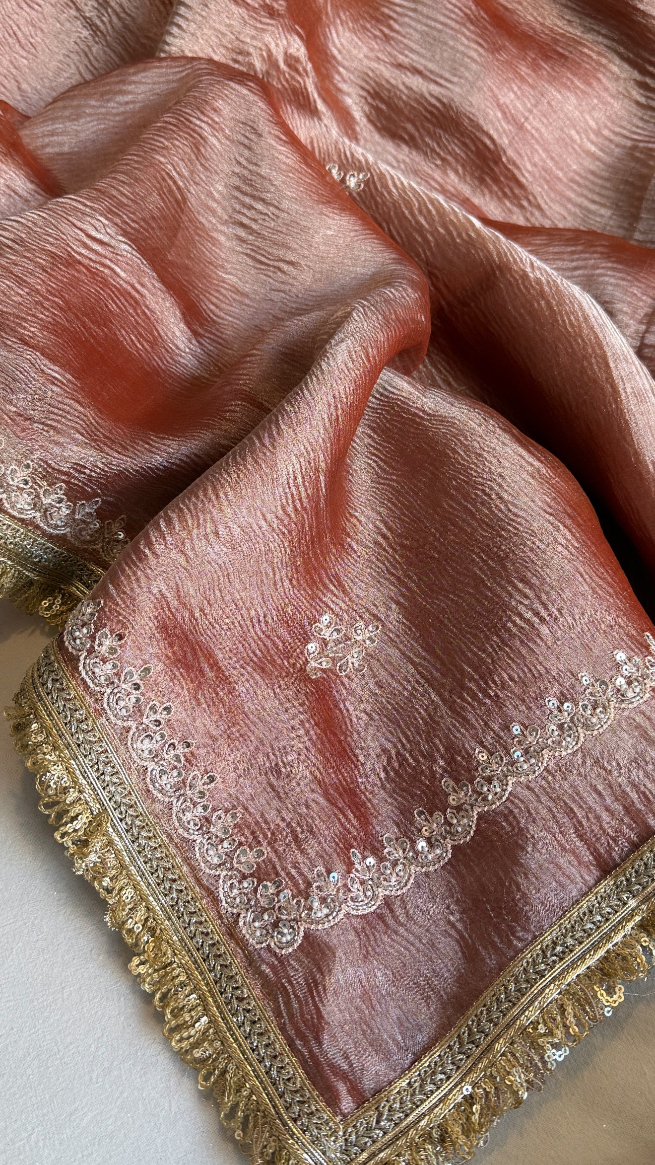 Crushed rose peach tissue silk hand embroidered kadhwa saree