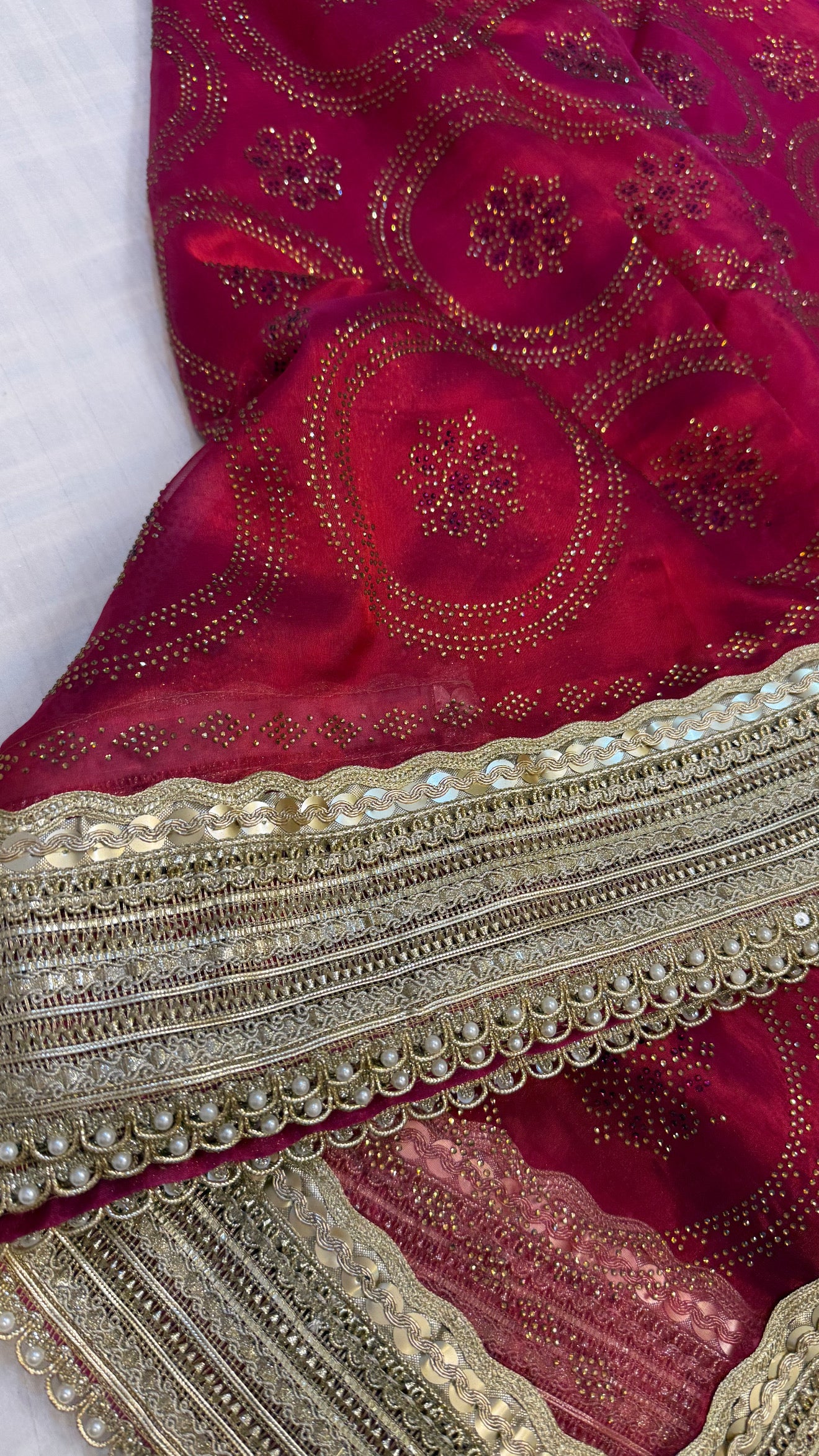 Sitara stonework cranberry red tissue silk gotapatti saree