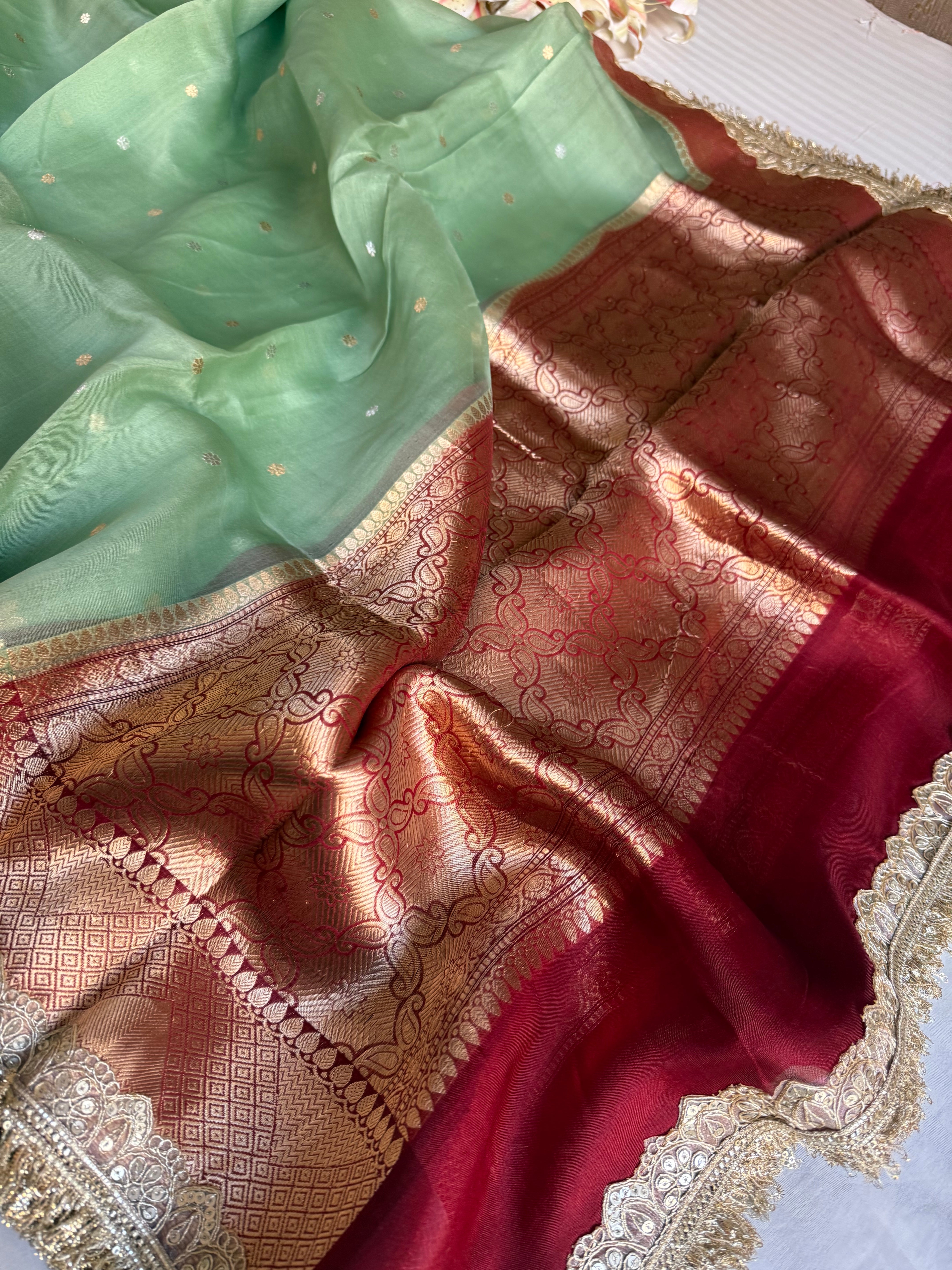 Mint green -Red combination chap dye kora silk banarasi saree