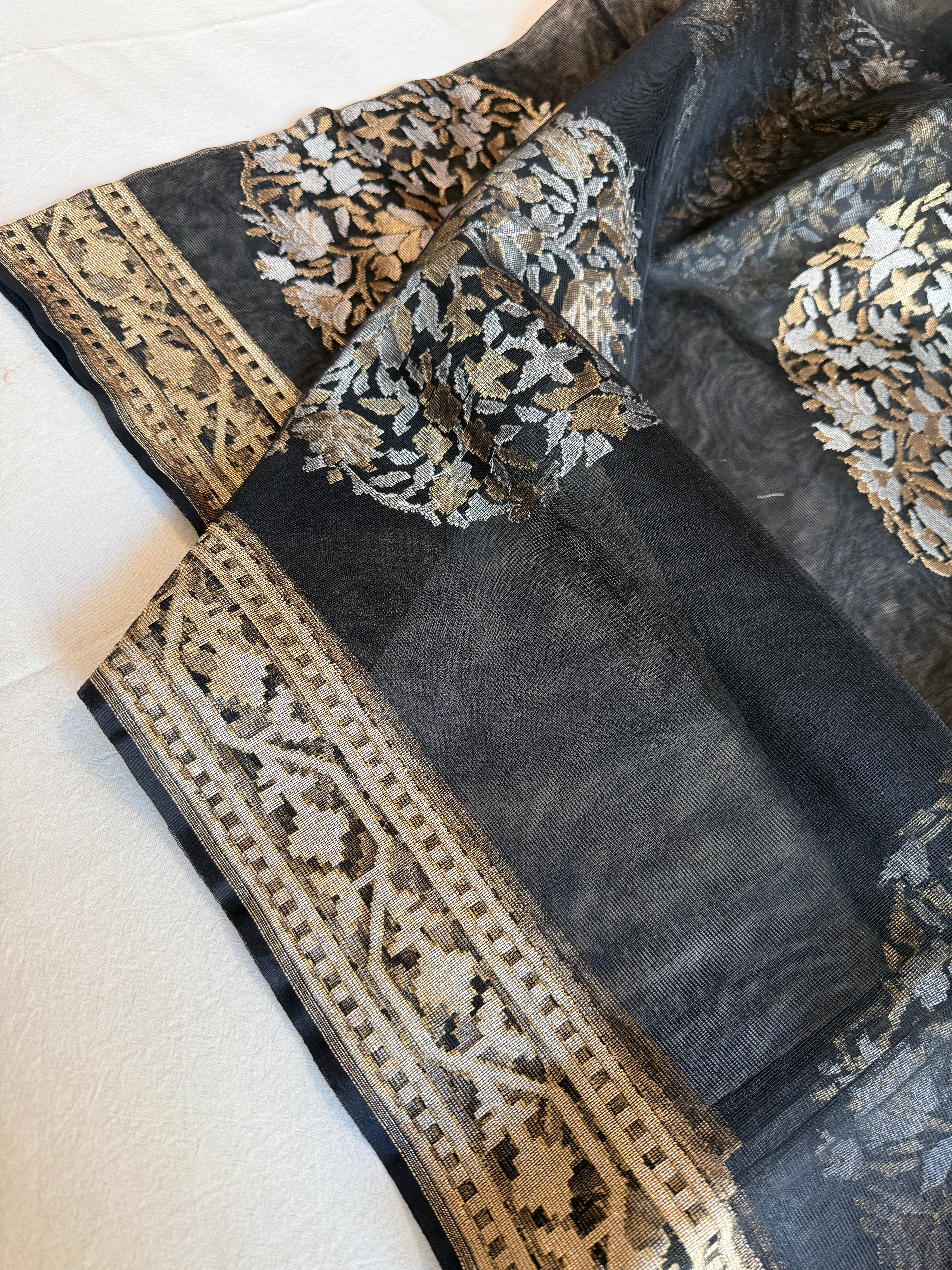 Banarasi silk net edit - Black banarasi silk net sona rupa jamdani saree