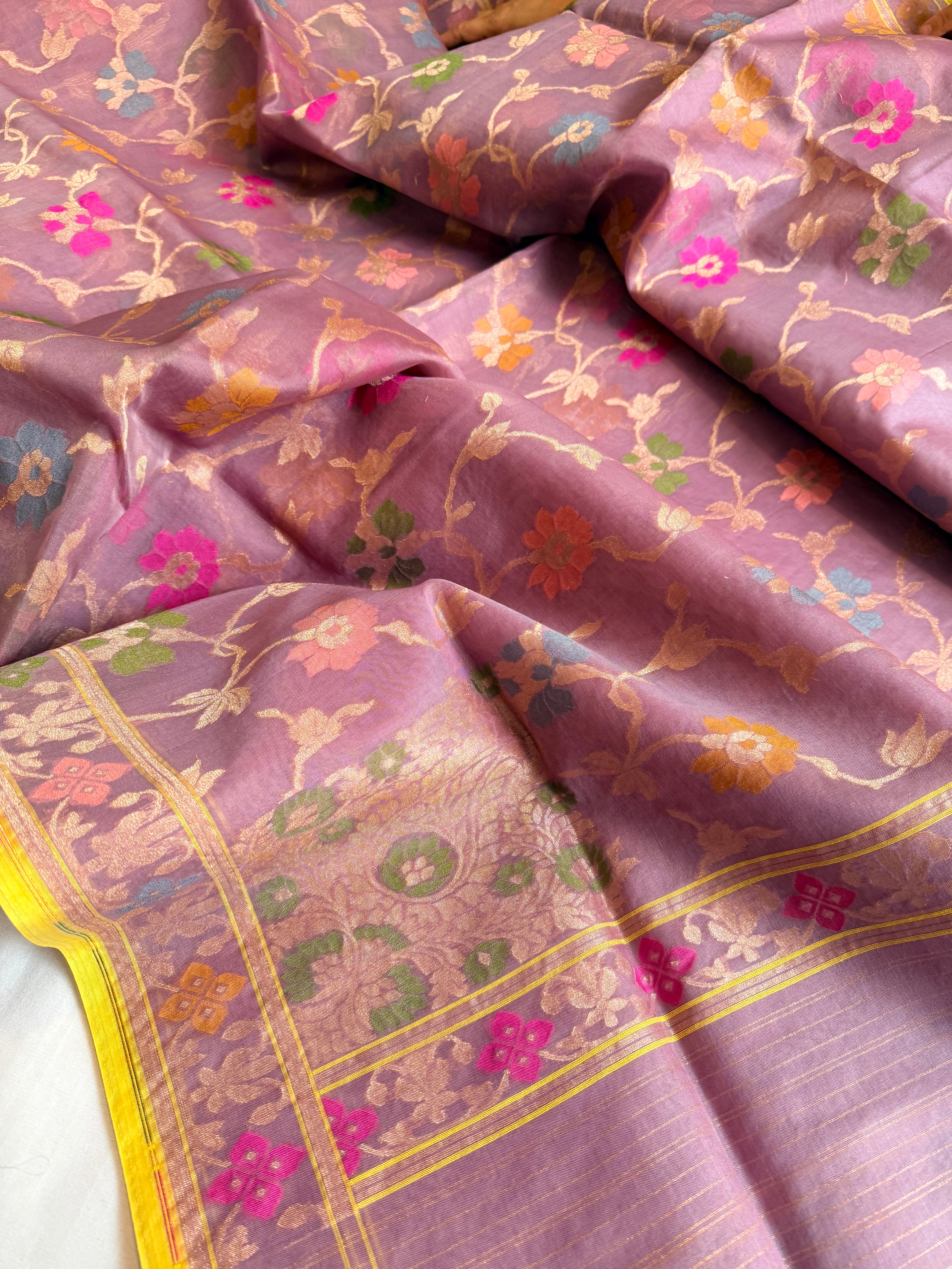 Banarasi kora silk net dusty lilac iktara jamdani kadhwa saree