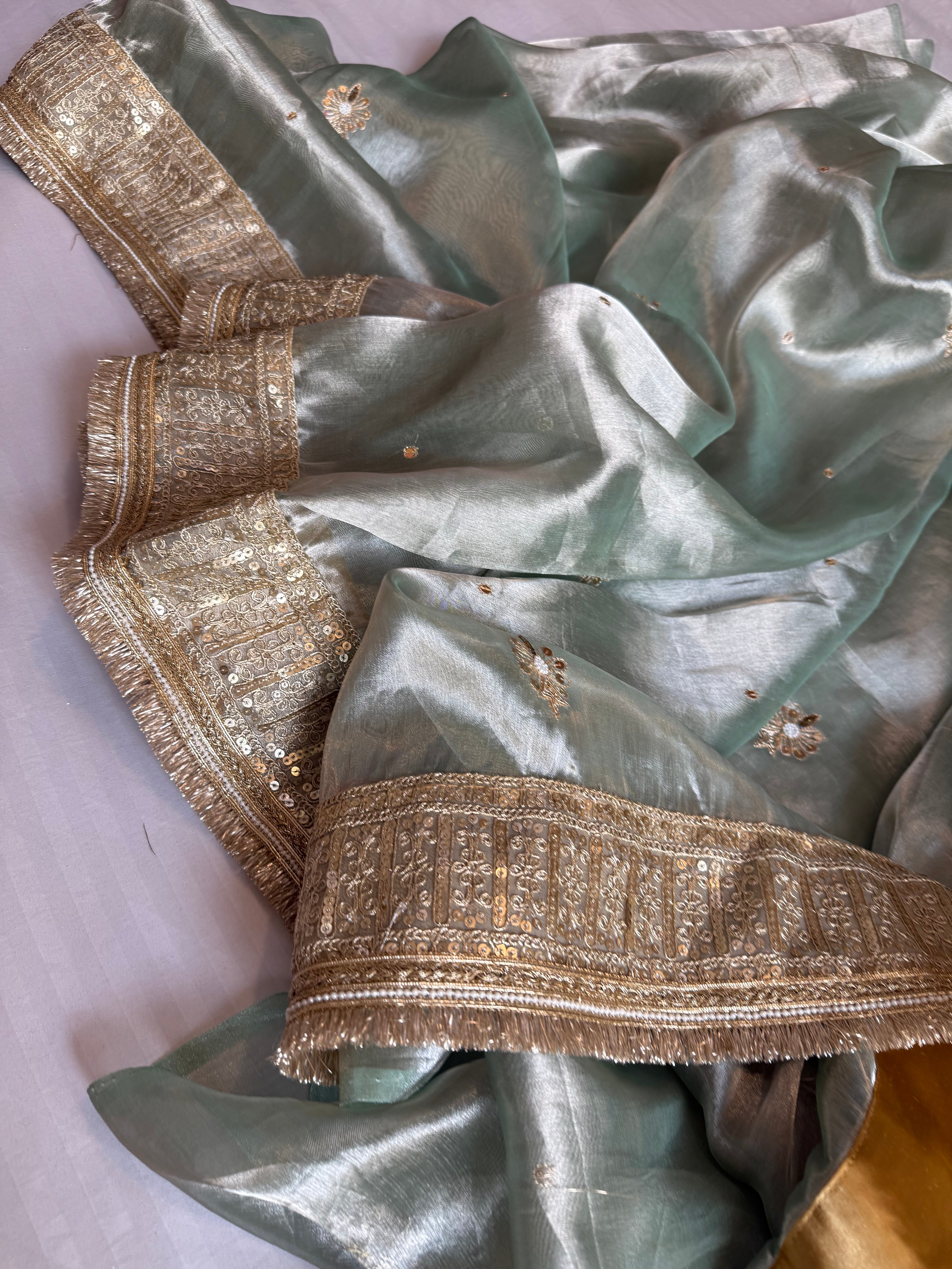 Hina khan inspired sage-green blush pink hand embroidered kadhwa tissue saree