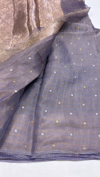 Pure banarasi persian blue crushed tissue silk handwoven kadhwa saree with intricate border and kadhwa blouse