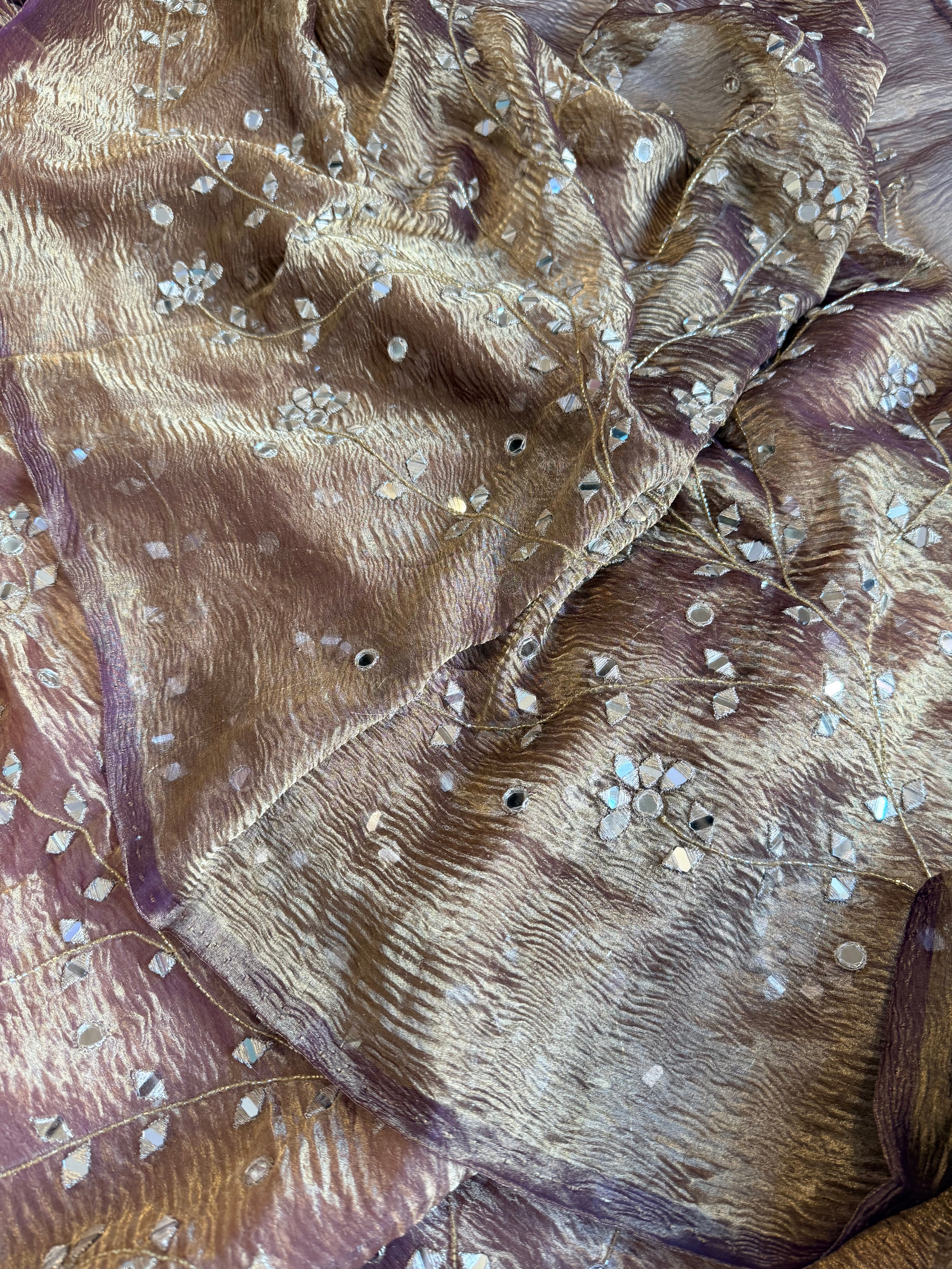 Banarasi tissue silk mirrorwork hand embroidered crushed suit sets