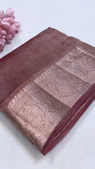 Pure banarasi garnet red crushed tissue silk handwoven kadhwa saree with intricate border and kadhwa blouse