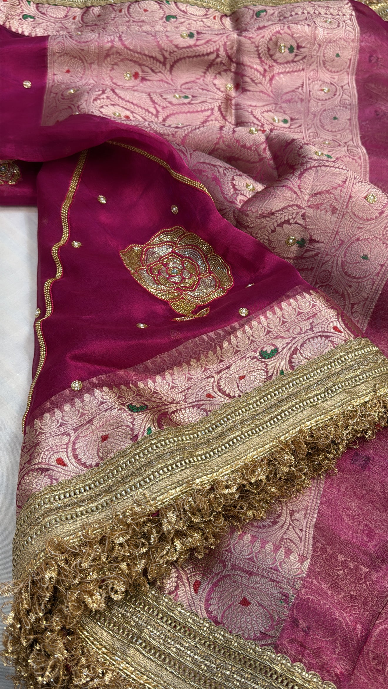 Cranberry pink tissue silk heavy hand embroidered kadhwa saree