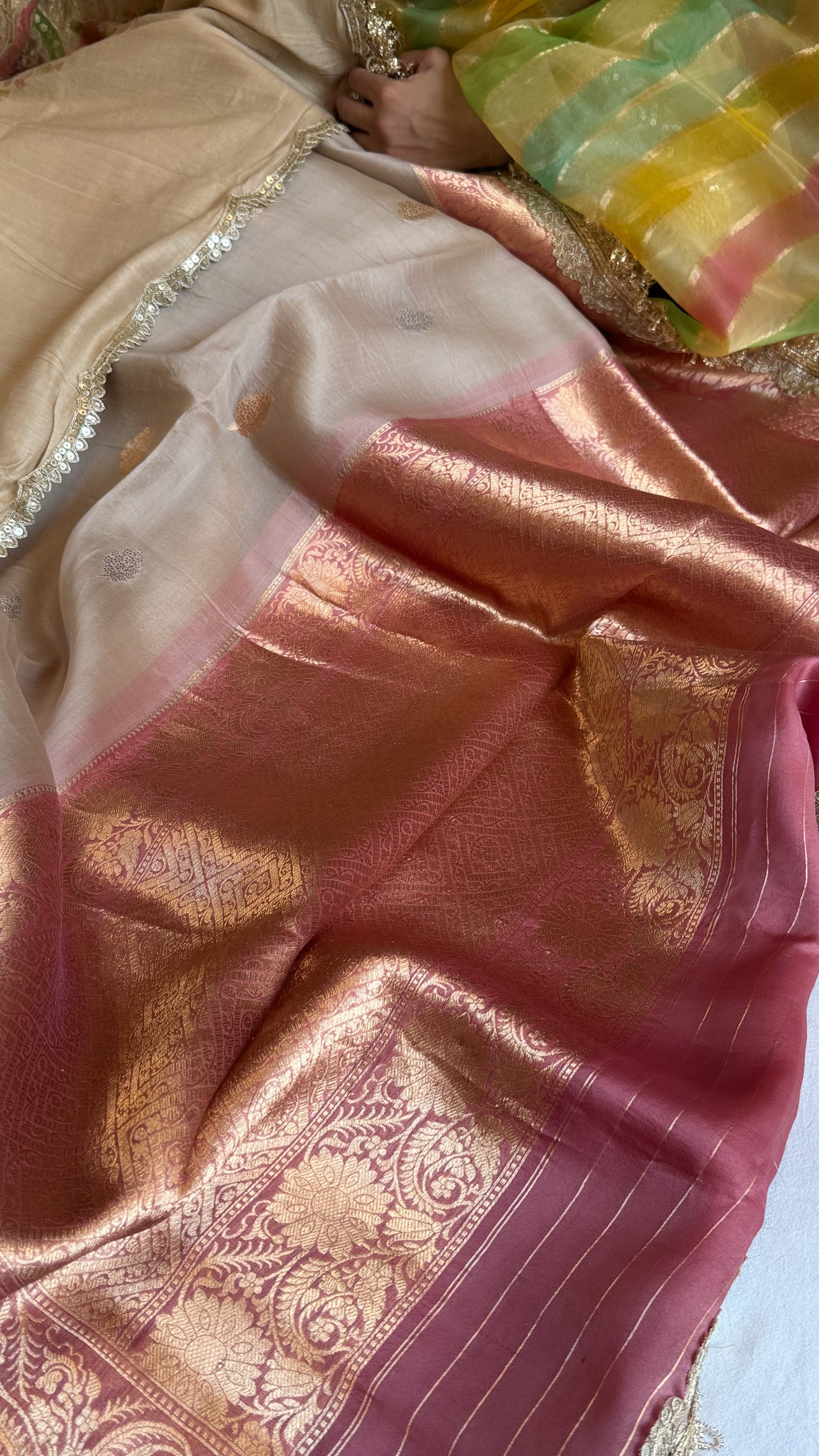 Kora silk chap dye contrast border kadhwa saree paired with moonga silk duppata