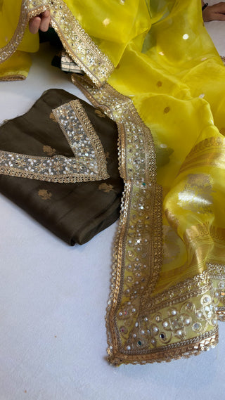 Banarasi kora silk olive gold-yellow gotapatti suit sets