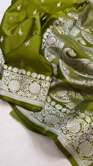 Mehendi green banarasi mashru silk kadhwa buti saree