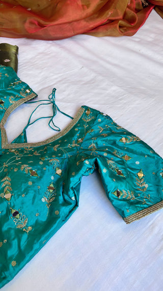 Sitara teal blue stitched hand embroidered blouse piece                SIZE - 36 to 38