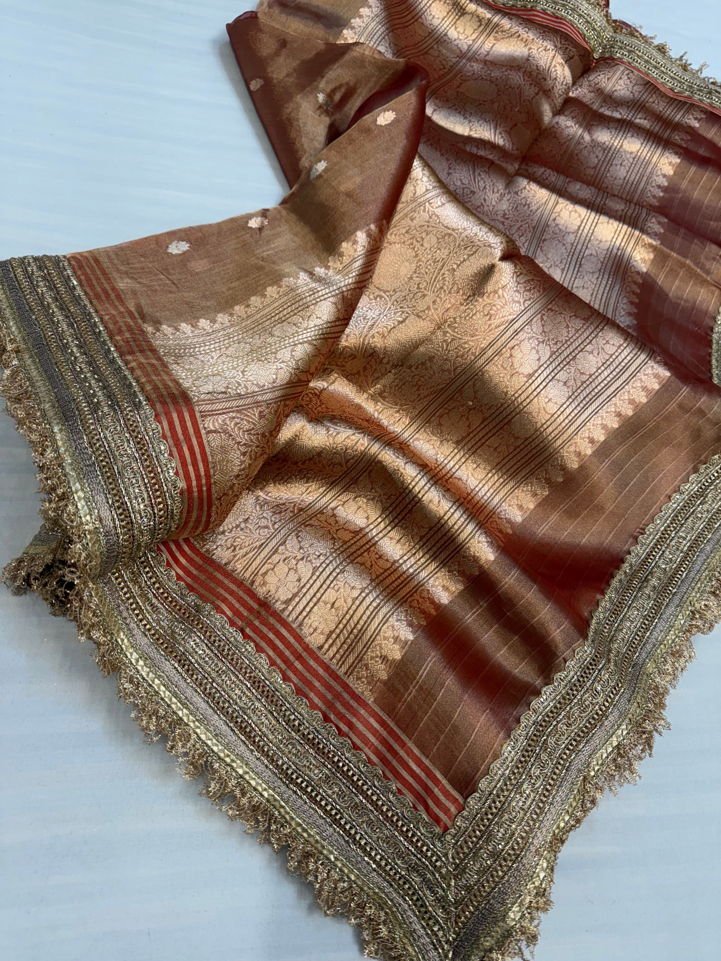 Burnt red maharani tissue silk kadhwa buti saree