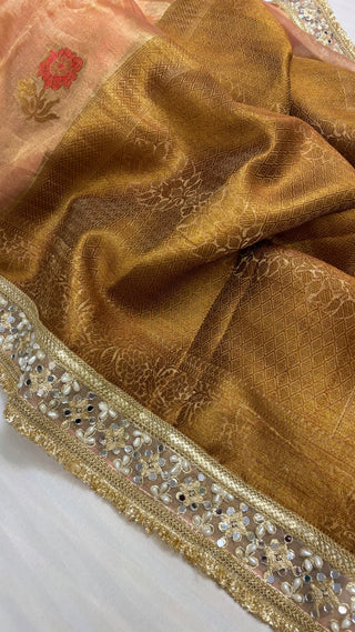 Maharani nude peach tissue silk kadhwa buti antique zari saree